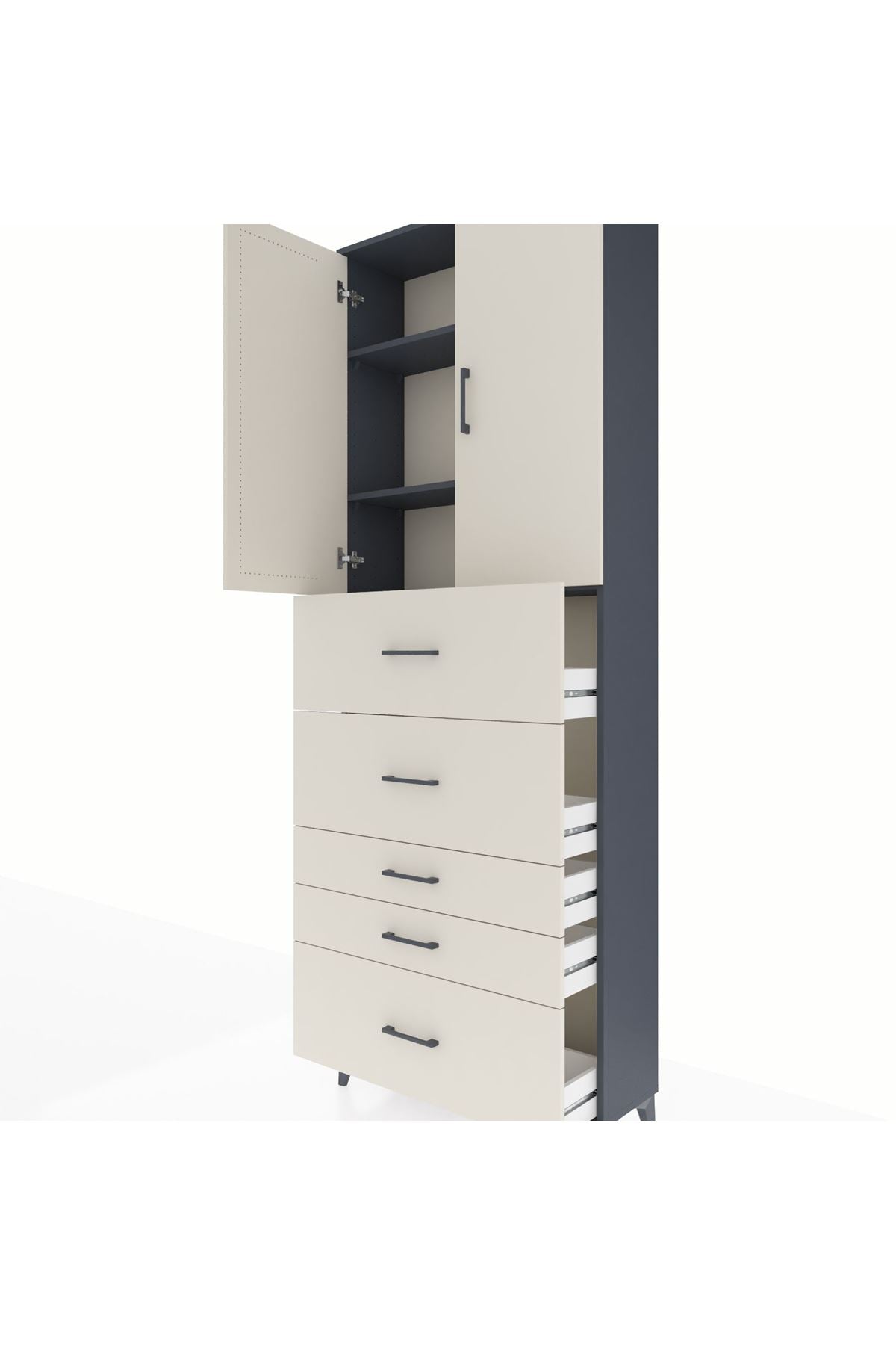 Arges Dolap 3 Raflı 5 Çekmeceli 2 Kapaklı 88x30x243 Antrasit-Aytaşı