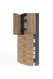 Arges Dolap 3 Raflı 5 Çekmeceli 2 Kapaklı 88x30x243 Antrasit-Çam