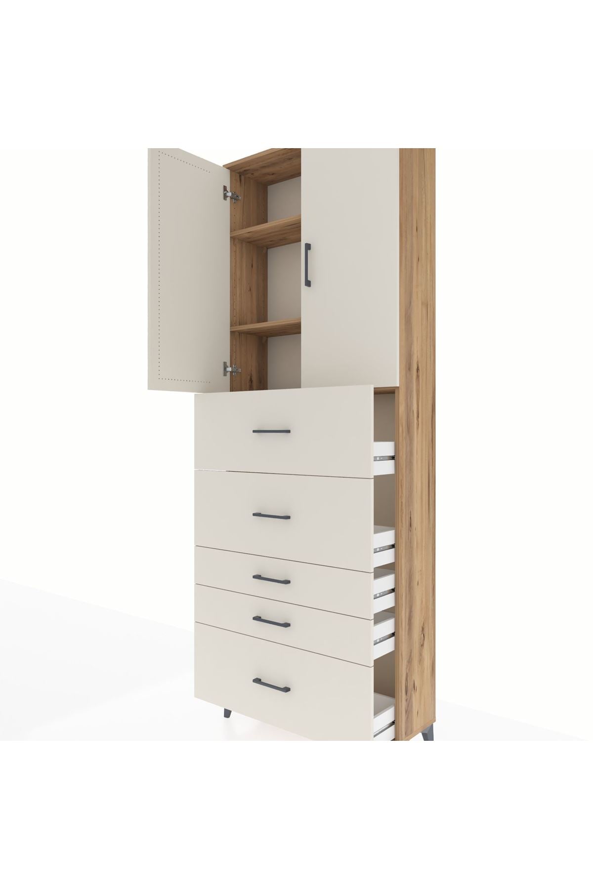 Arges Dolap 3 Raflı 5 Çekmeceli 2 Kapaklı 88x30x243 Çam-Aytaşı