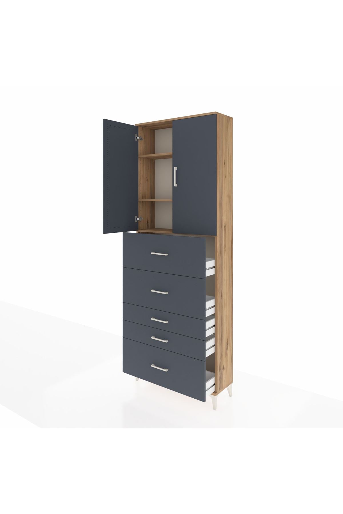 Arges Dolap 3 Raflı 5 Çekmeceli 2 Kapaklı 88x30x243 Çam-Antrasit