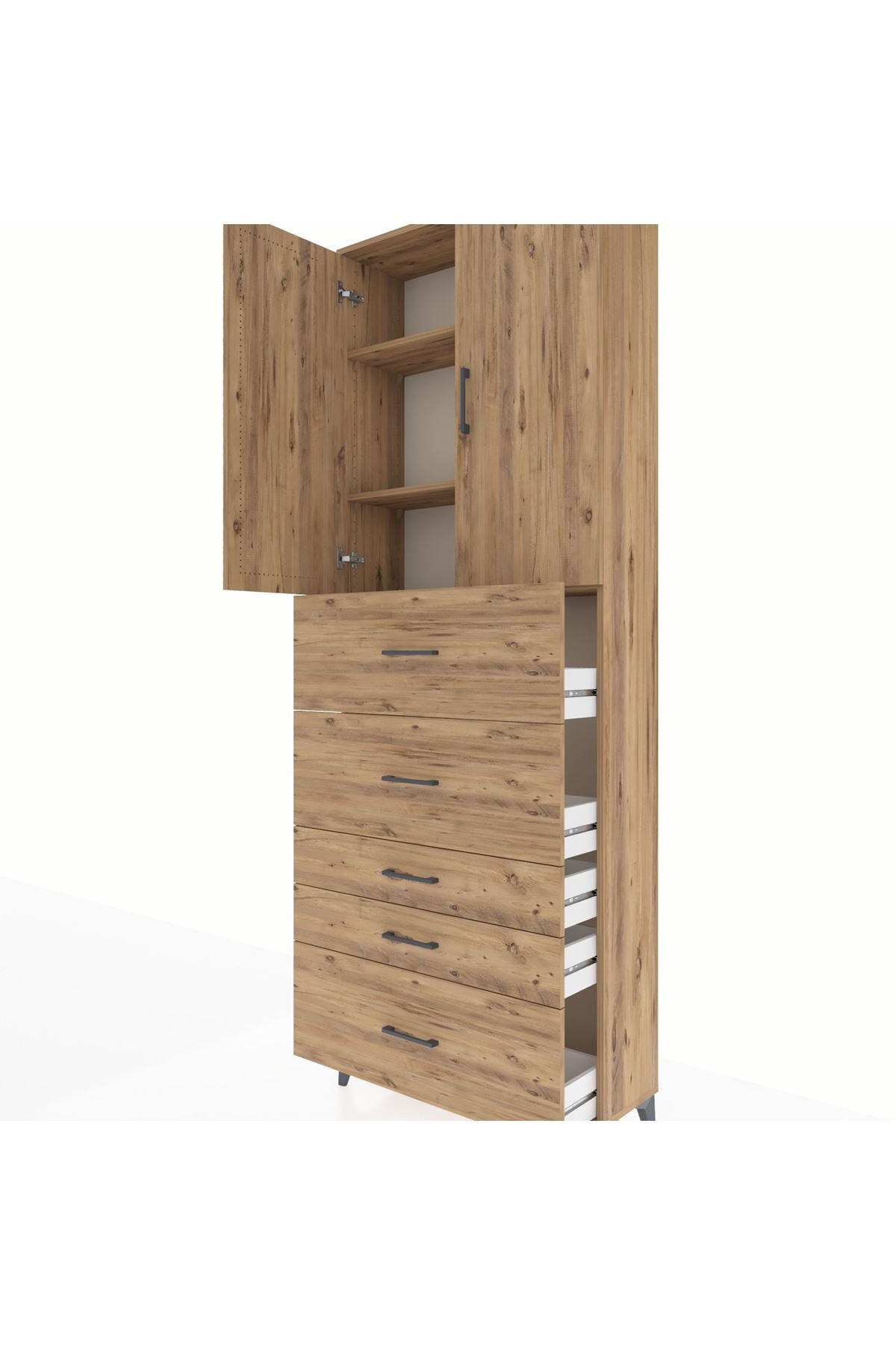 Arges Dolap 3 Raflı 5 Çekmeceli 2 Kapaklı 88x30x243 Çam-Çam