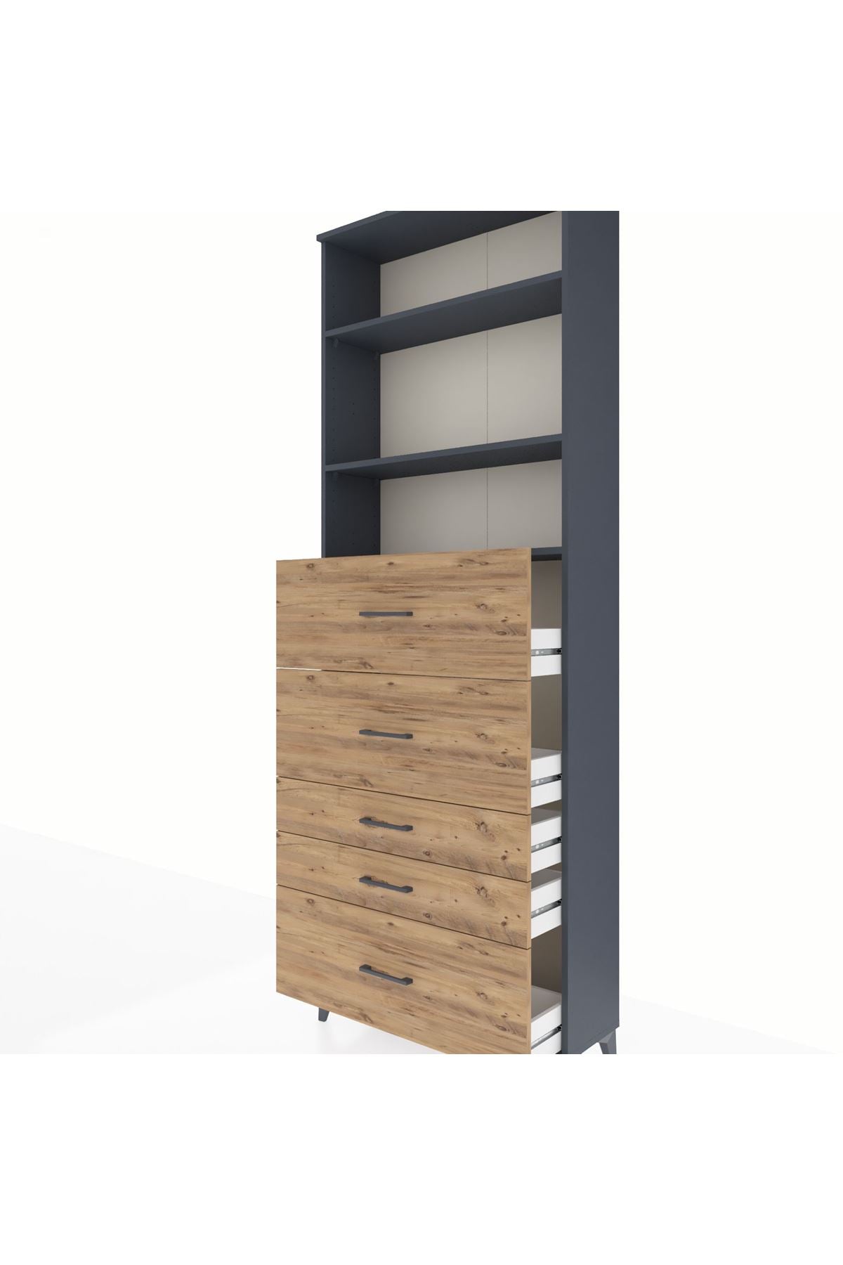 Arges Dolap 3 Raflı 5 Çekmeceli 88x30x243 Antrasit-Çam