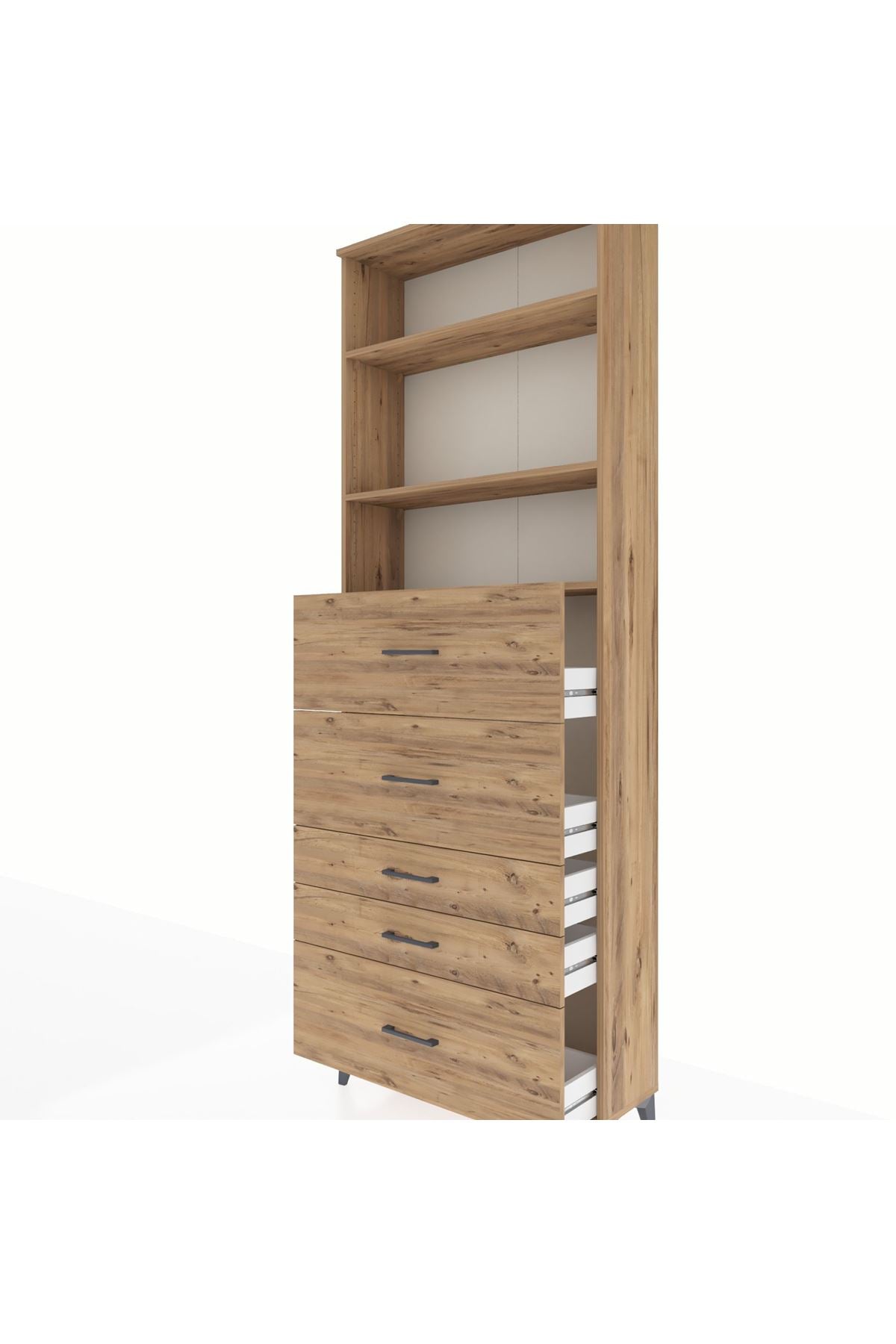 Arges Dolap 3 Raflı 5 Çekmeceli 88x30x243 Çam-Çam