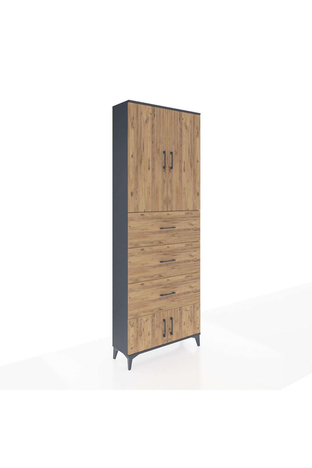 Arges Dolap 3 Raflı 3 Çekmeceli 4 Kapaklı 88x30x243 Antrasit-Çam