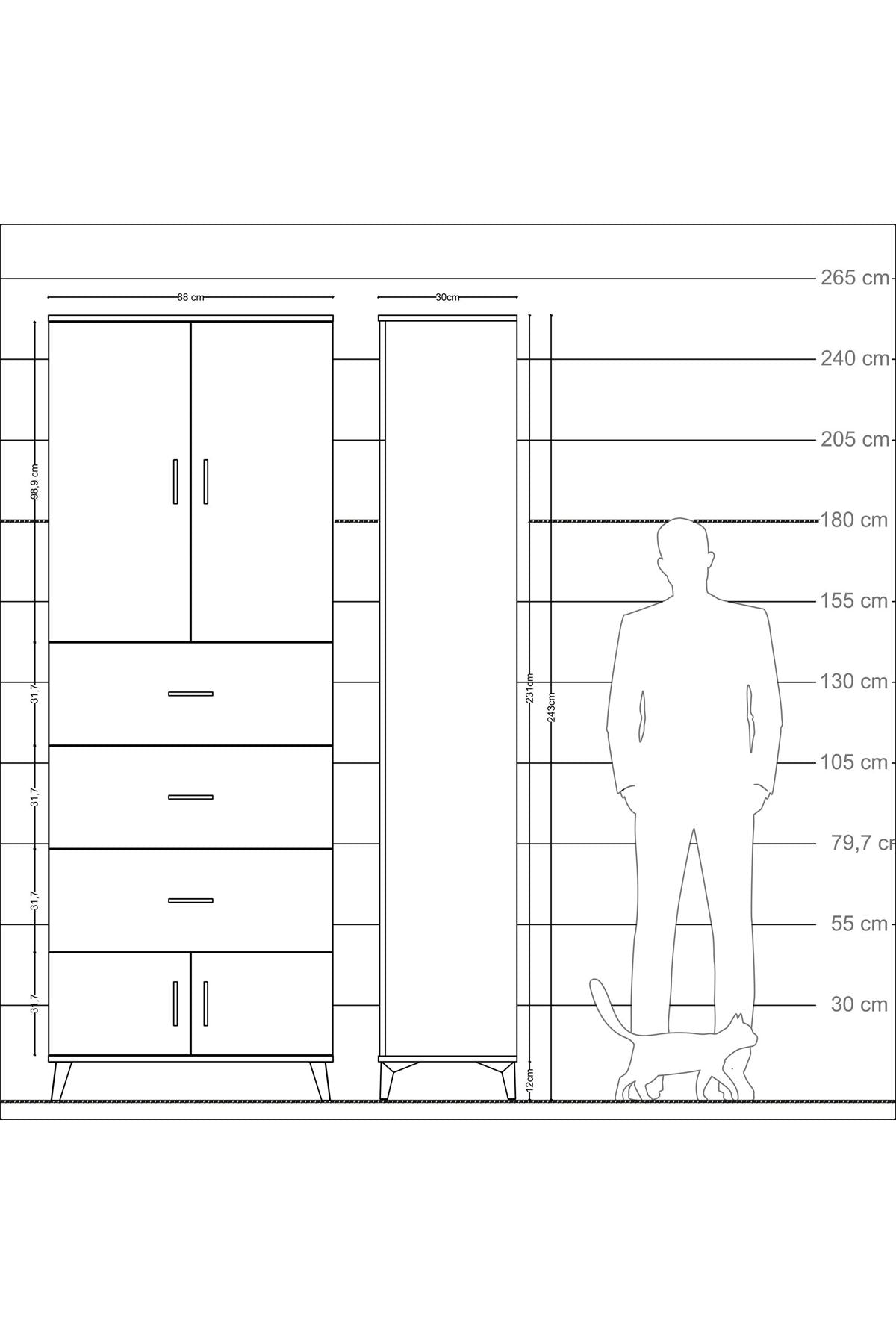 Arges Dolap 3 Raflı 3 Çekmeceli 4 Kapaklı 88x30x243 Çam-Aytaşı