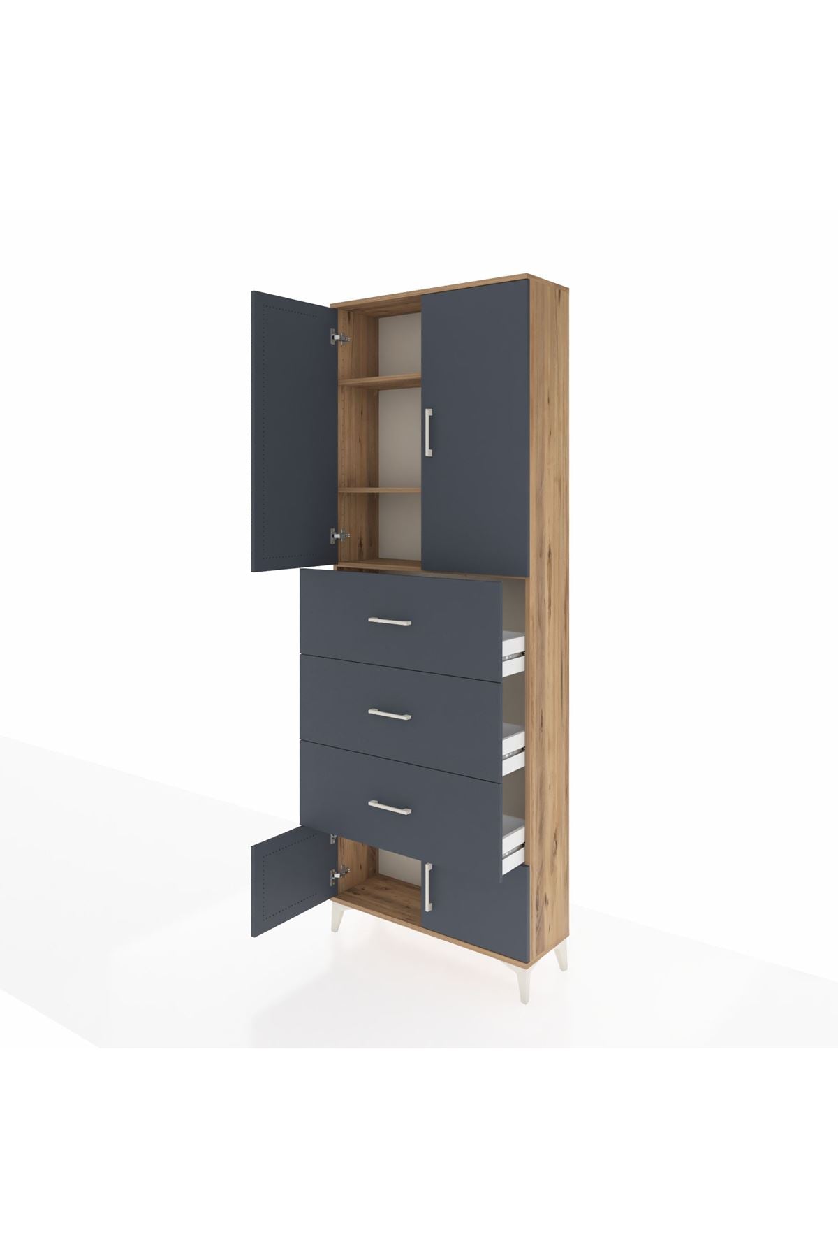 Arges Dolap 3 Raflı 3 Çekmeceli 4 Kapaklı 88x30x243 Çam-Antrasit