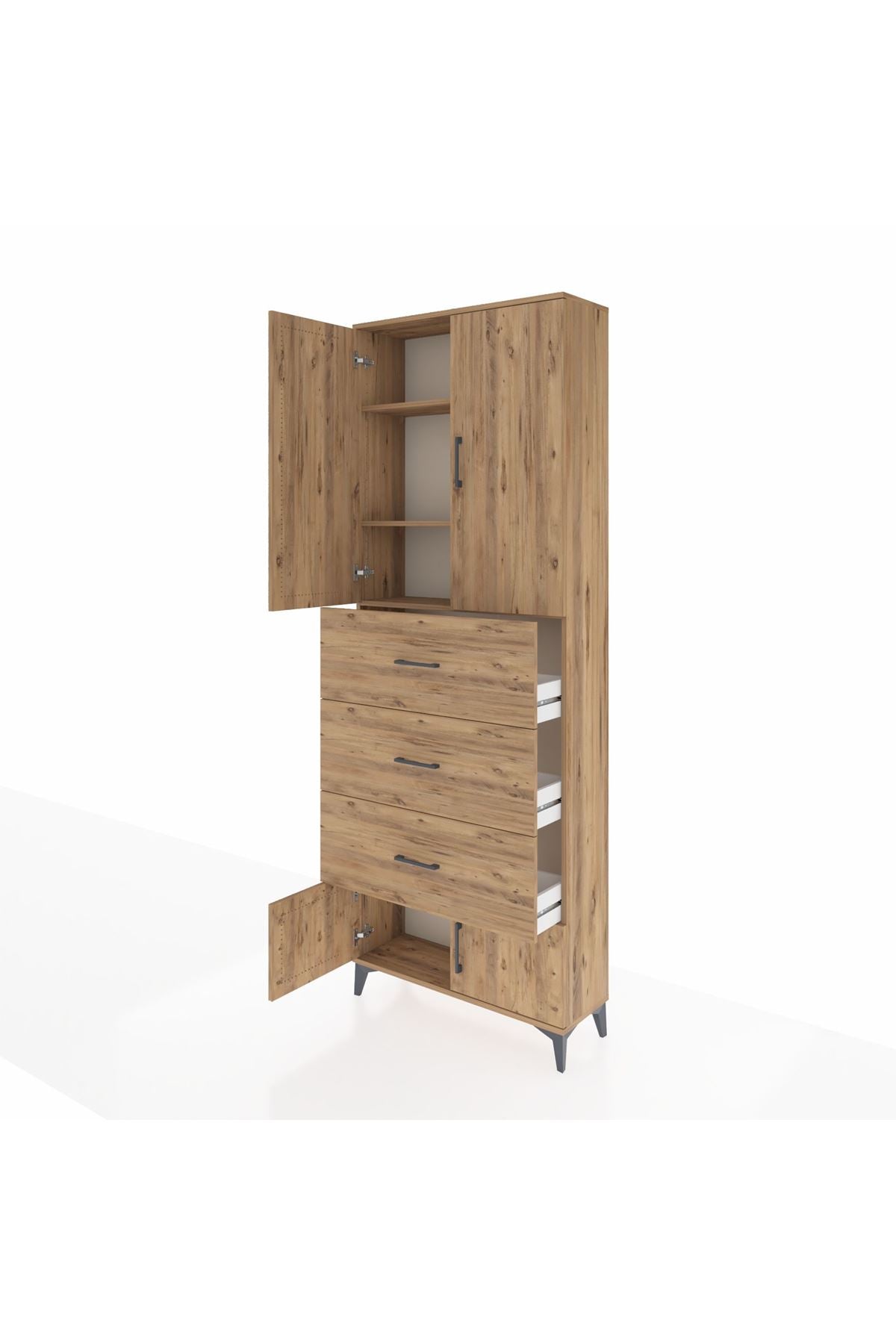 Arges Dolap 3 Raflı 3 Çekmeceli 4 Kapaklı 88x30x243 Çam-Çam