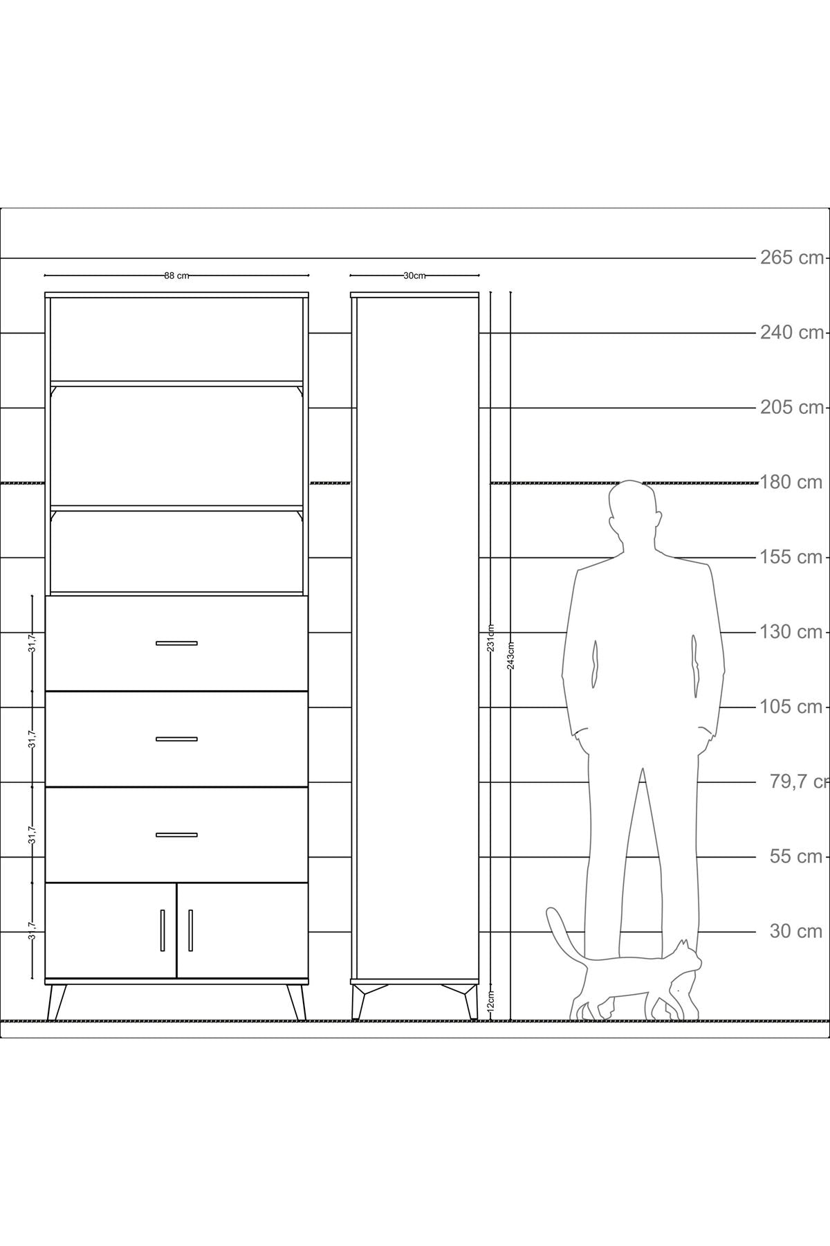 Arges Dolap 3 Raflı 3 Çekmeceli 2 Kapaklı 88x30x243 Çam-Antrasit