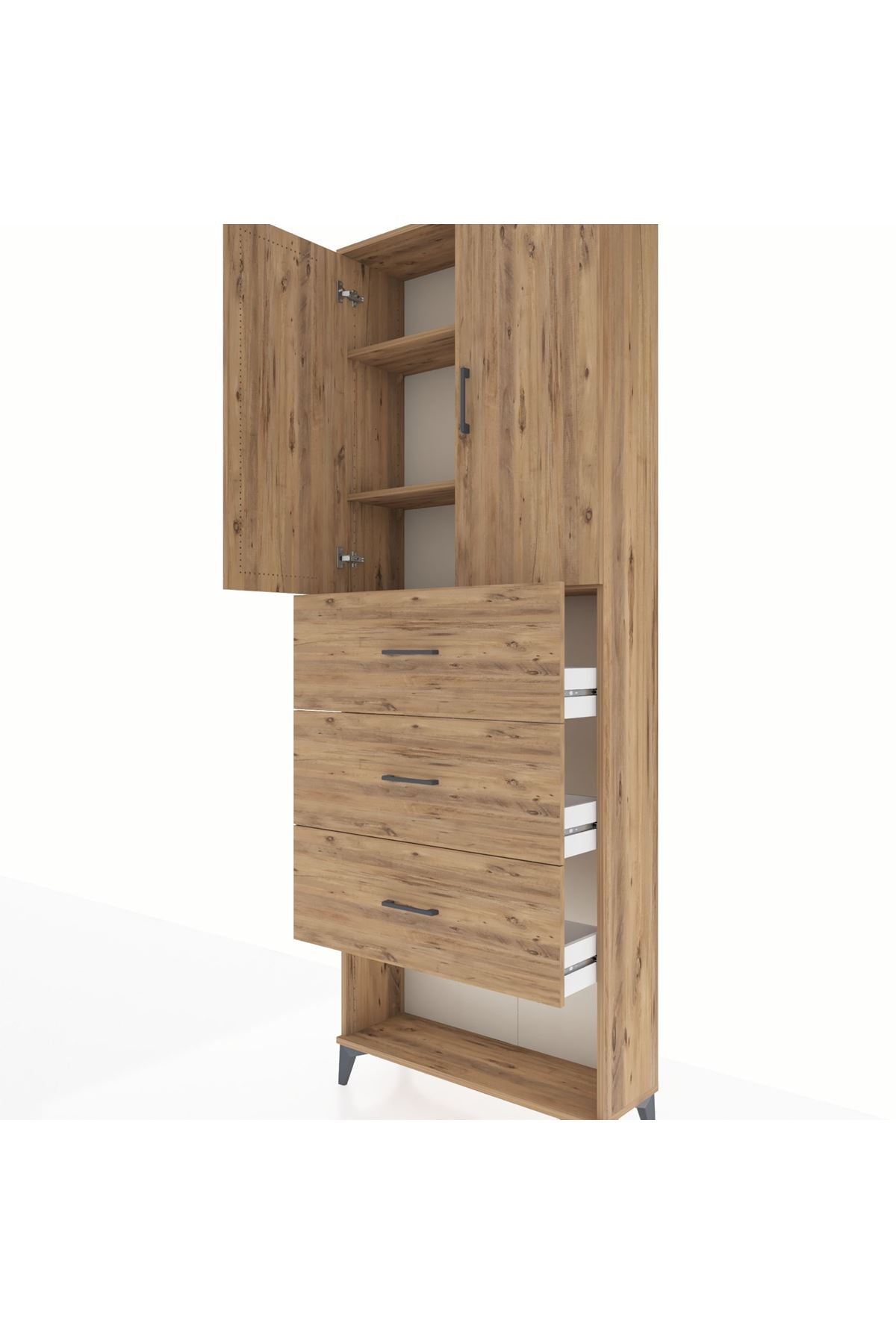 Arges Dolap 3 Raflı 3 Çekmeceli 2 Kapaklı 88x30x243 Çam-Çam