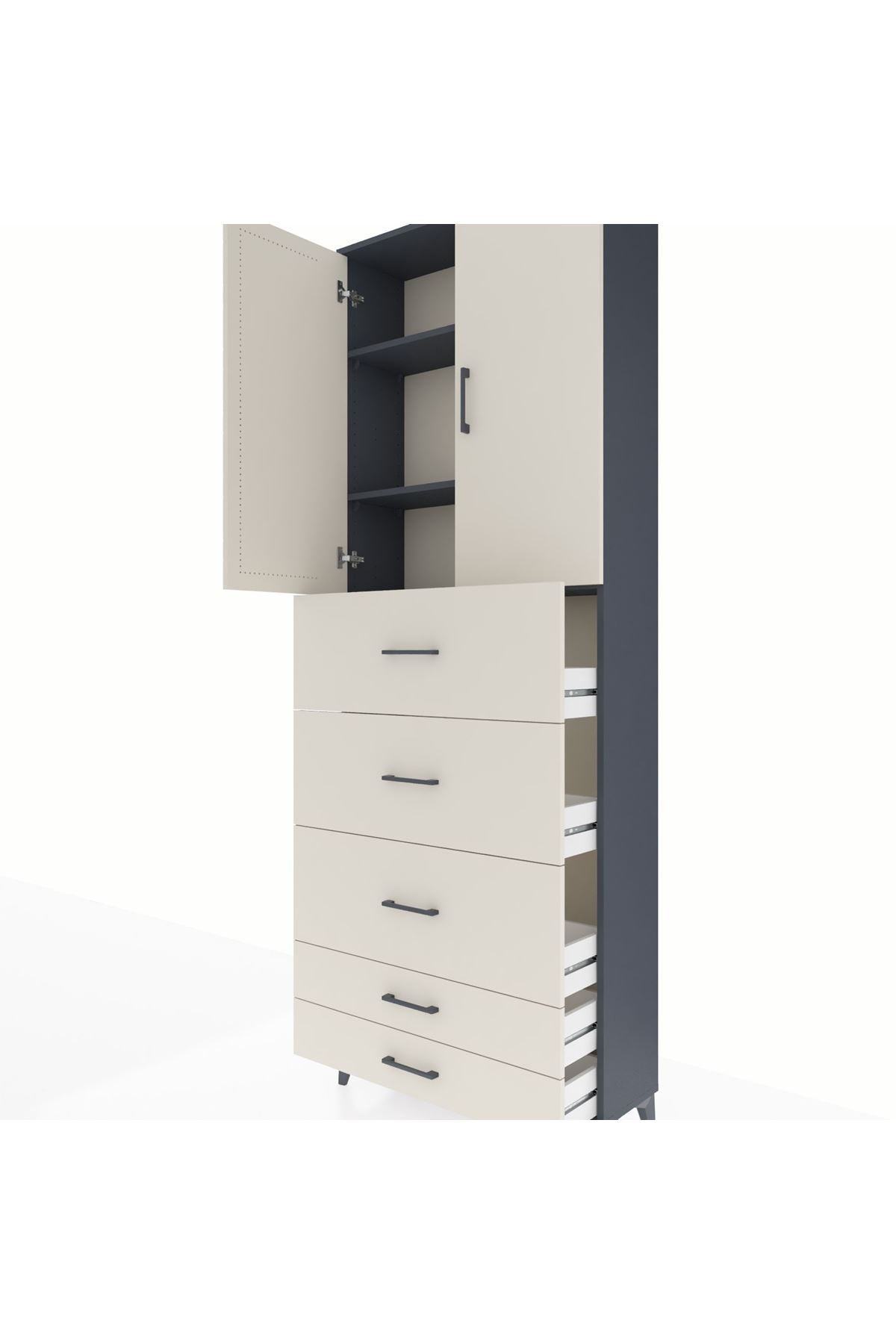 Arges Dolap 3 Raflı 5 Çekmeceli 2 Kapaklı 88x30x243 Antrasit-Aytaşı