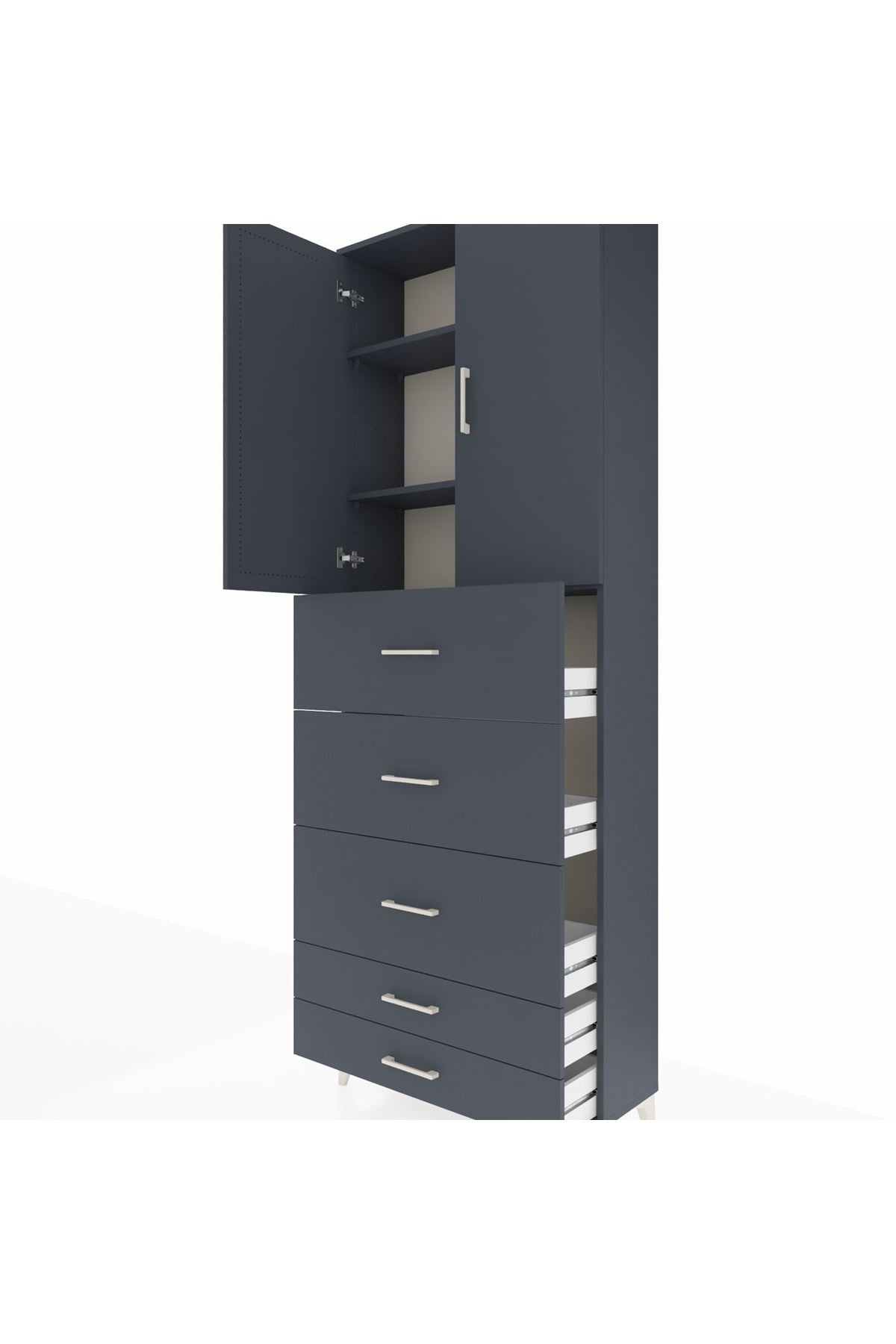 Arges Dolap 3 Raflı 5 Çekmeceli 2 Kapaklı 88x30x243 Antrasit-Antrasit
