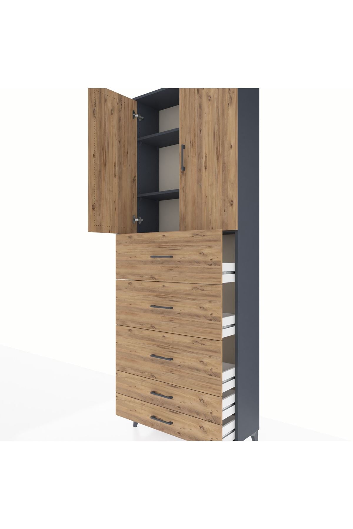 Arges Dolap 3 Raflı 5 Çekmeceli 2 Kapaklı 88x30x243 Antrasit-Çam