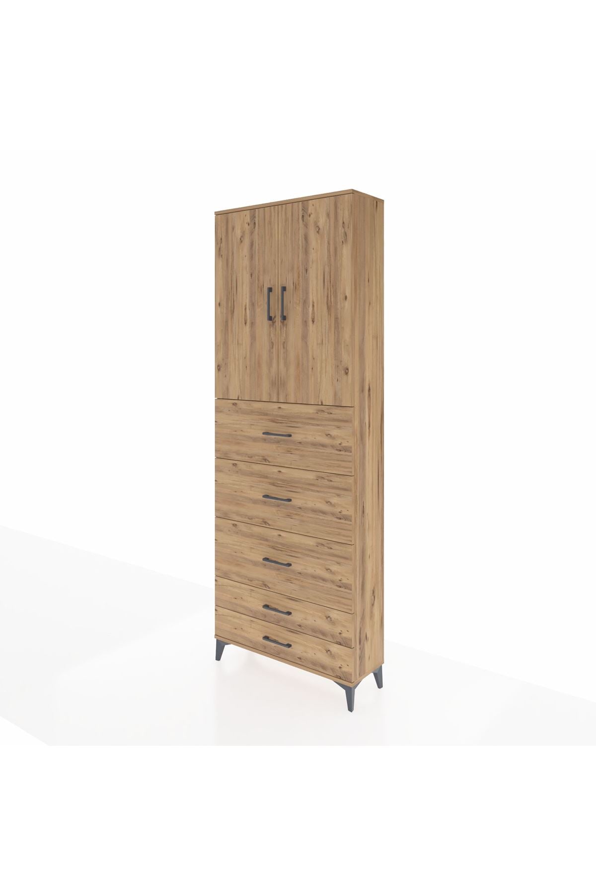 Arges Dolap 3 Raflı 5 Çekmeceli 2 Kapaklı 88x30x243 Çam-Çam