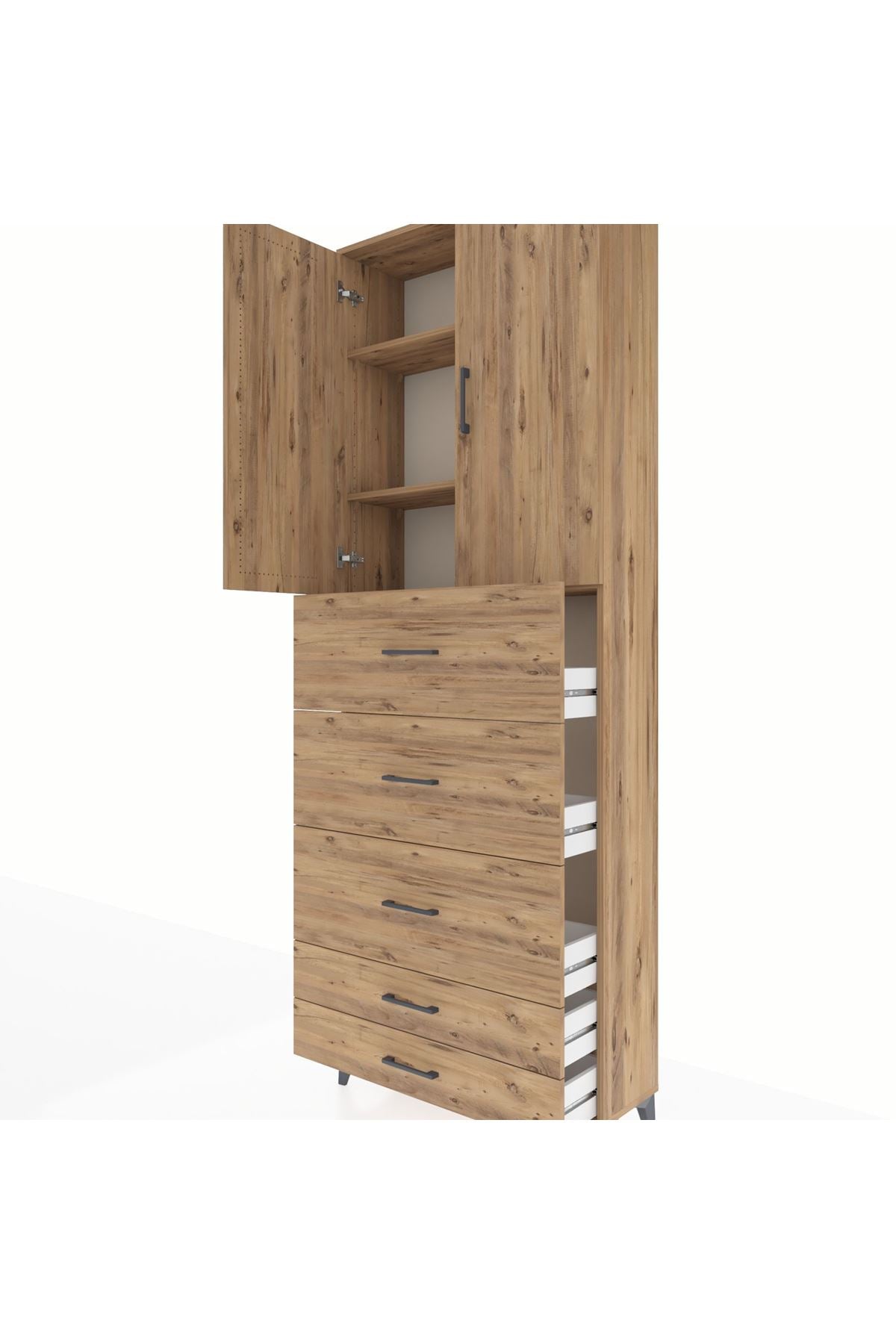 Arges Dolap 3 Raflı 5 Çekmeceli 2 Kapaklı 88x30x243 Çam-Çam