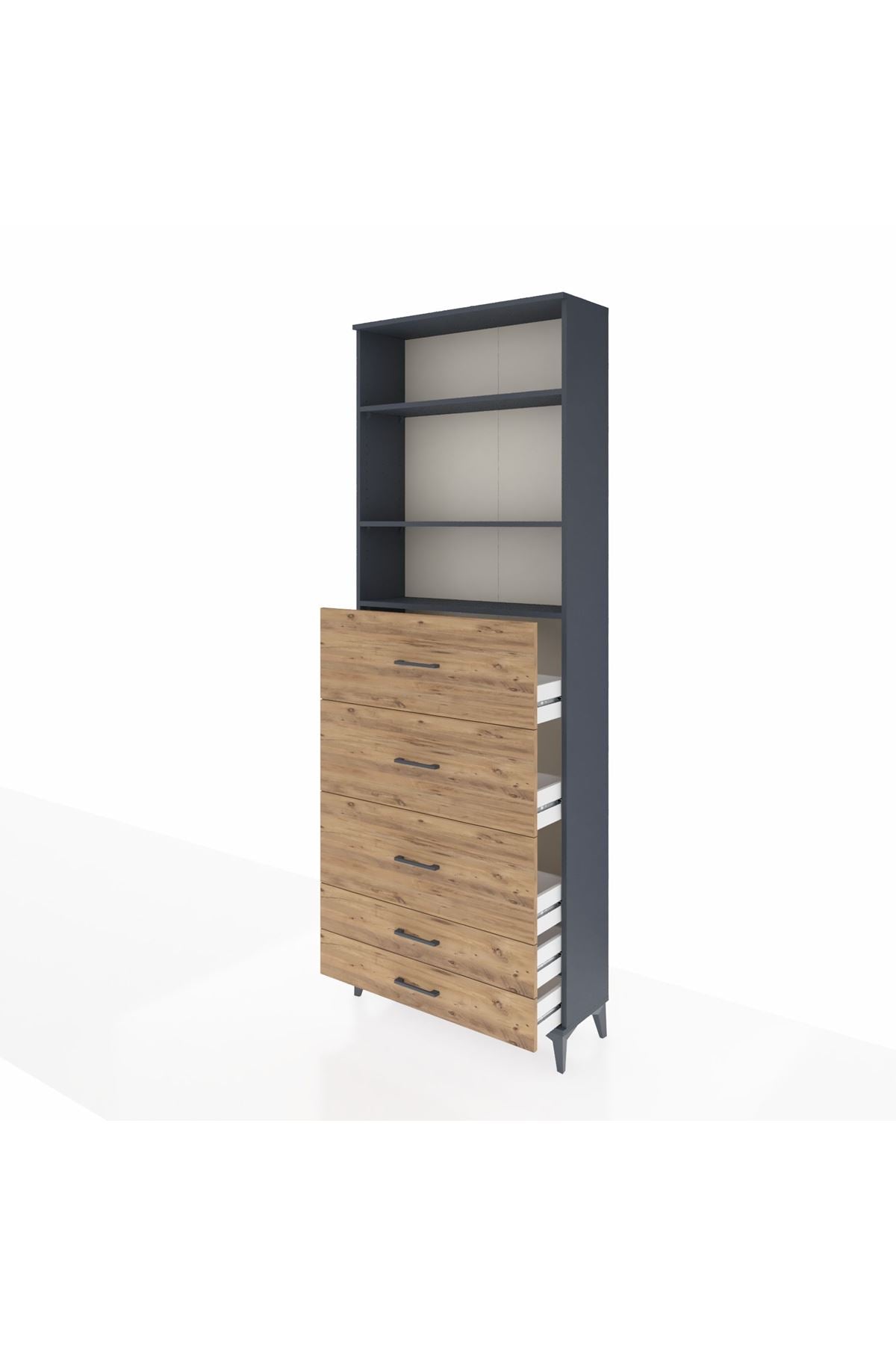 Arges Dolap 3 Raflı 5 Çekmeceli 88x30x243 Antrasit-Çam