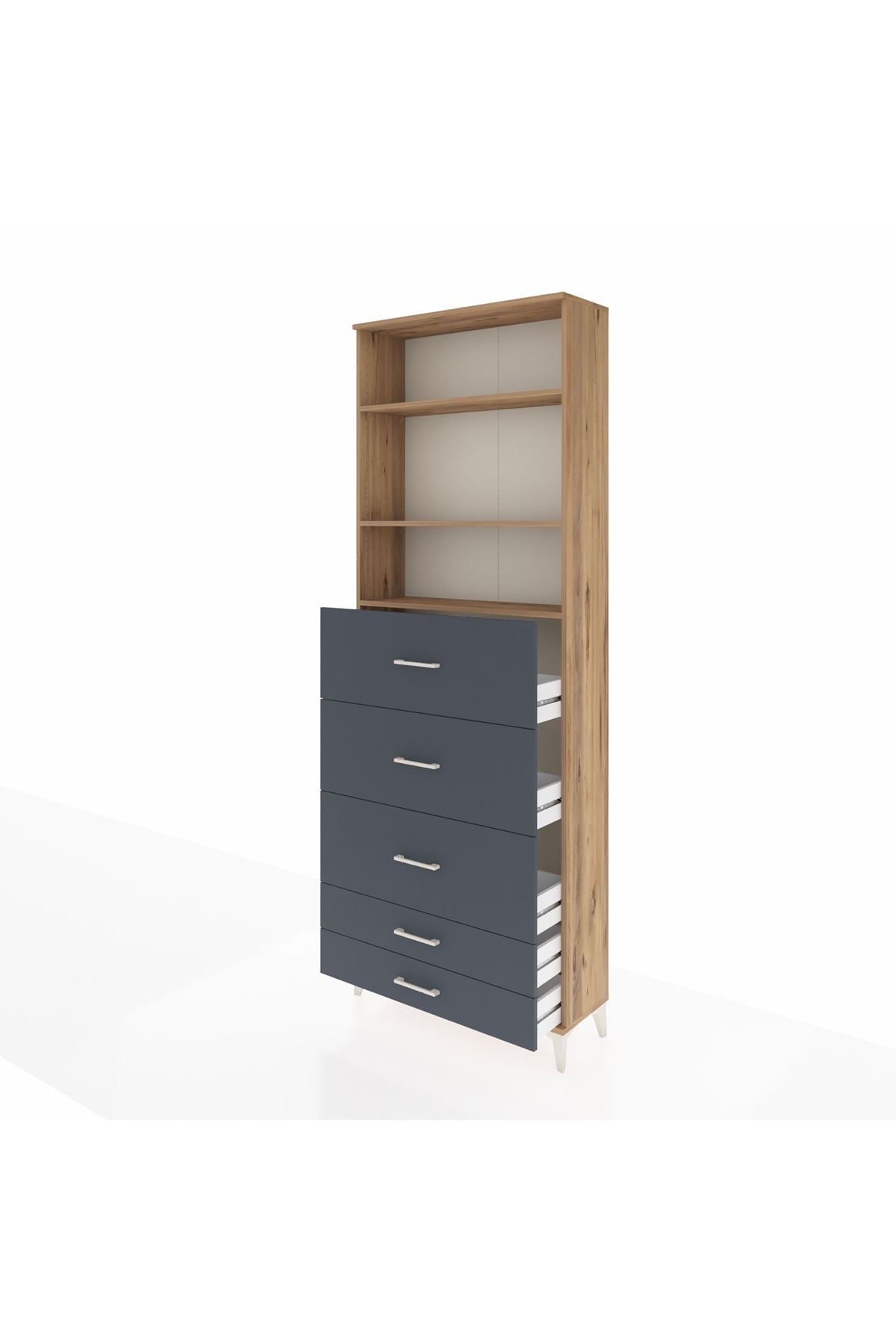 Arges Dolap 3 Raflı 5 Çekmeceli 88x30x243 Çam-Antrasit