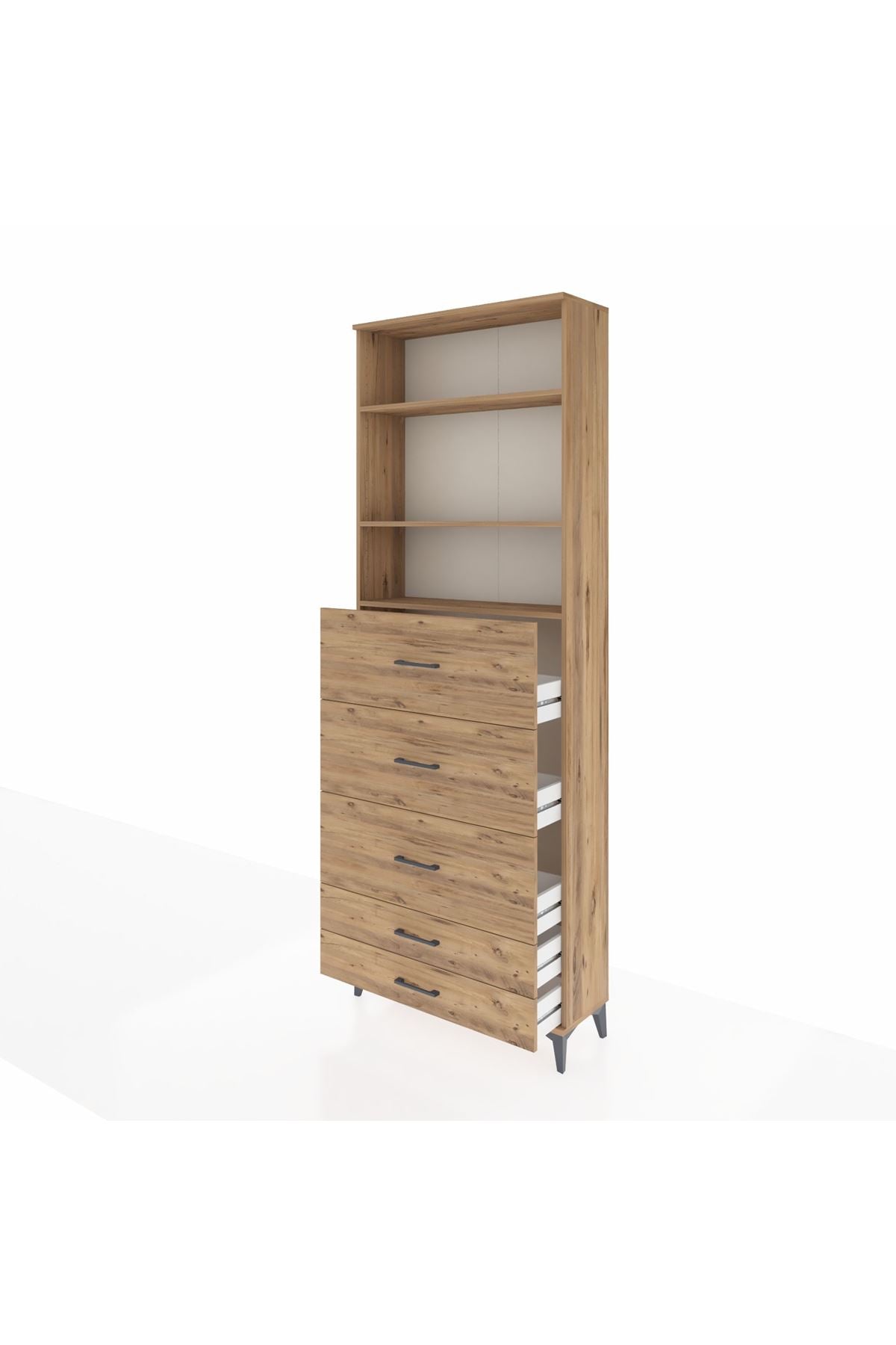 Arges Dolap 3 Raflı 5 Çekmeceli 88x30x243 Çam-Çam