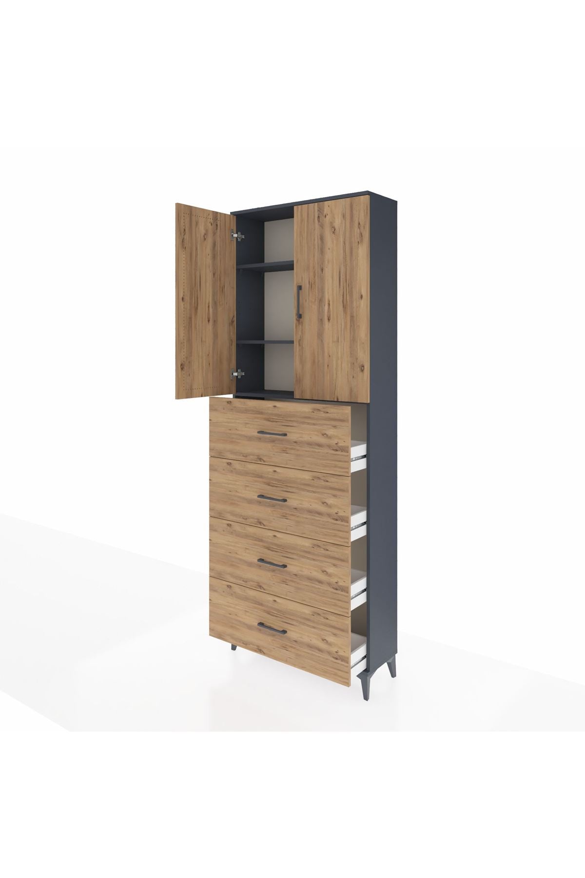 Arges Dolap 3 Raflı 4 Çekmeceli 2 Kapaklı 88x30x243 Antrasit-Çam