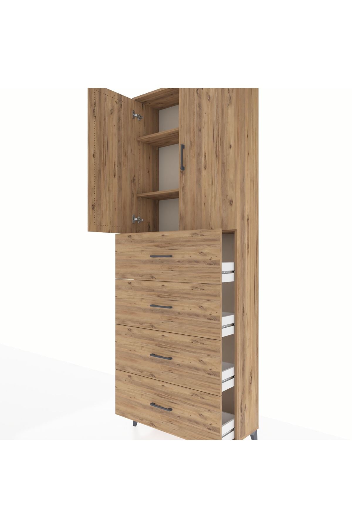 Arges Dolap 3 Raflı 4 Çekmeceli 2 Kapaklı 88x30x243 Çam-Çam