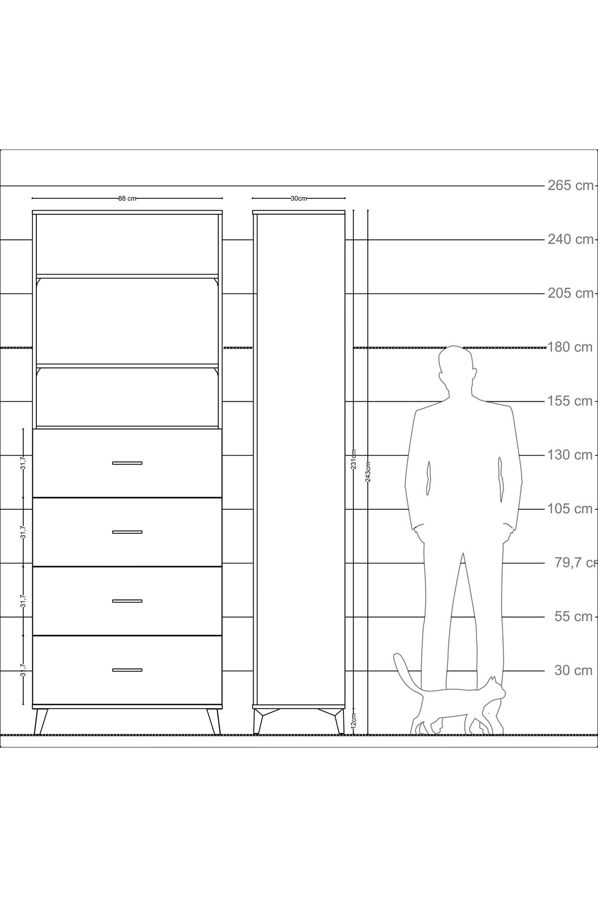 Arges Dolap 3 Raflı 4 Çekmeceli 88x30x243 Çam-Antrasit