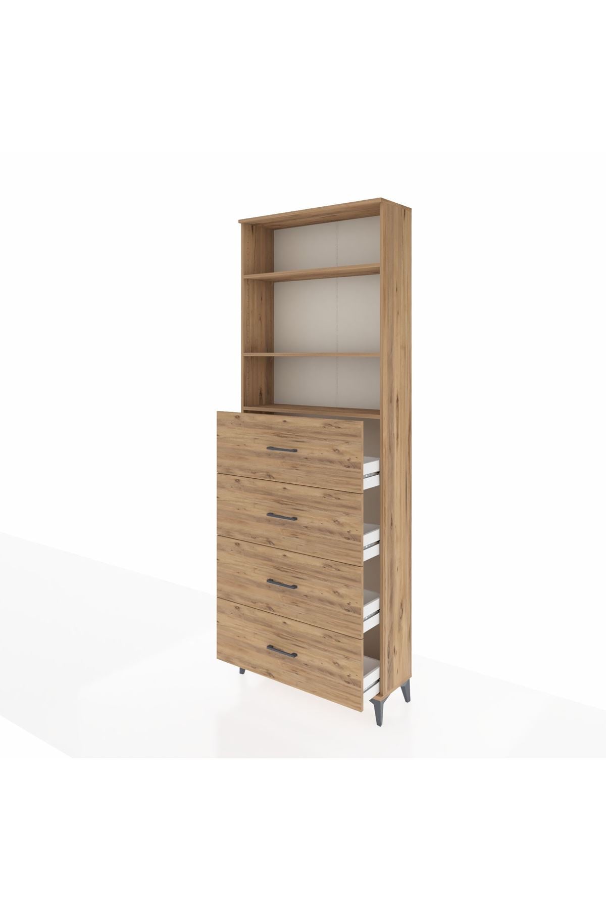 Arges Dolap 3 Raflı 4 Çekmeceli 88x30x243 Çam-Çam