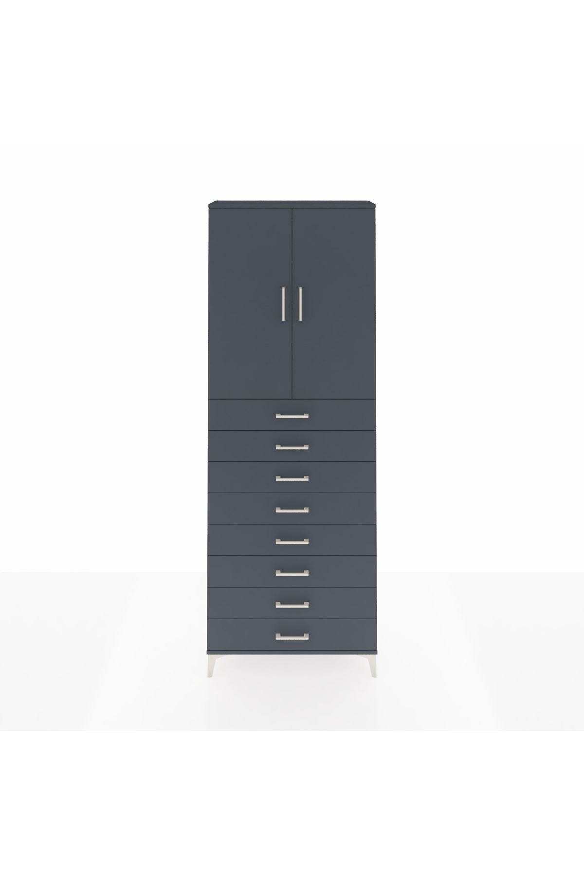 Arges Dolap 3 Raflı 8 Çekmeceli 2 Kapaklı 88x30x243 Antrasit-Antrasit