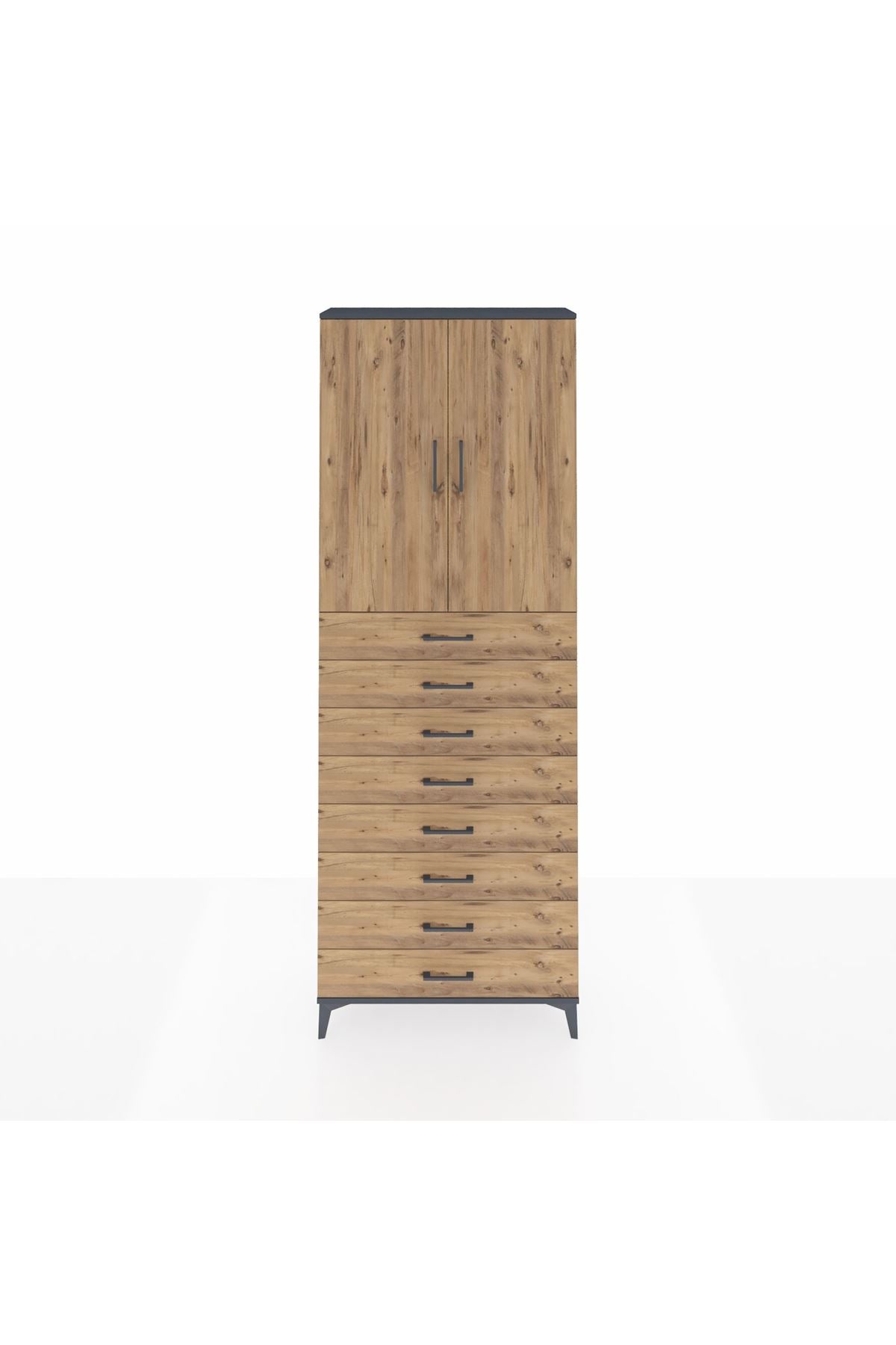 Arges Dolap 3 Raflı 8 Çekmeceli 2 Kapaklı 88x30x243 Antrasit-Çam