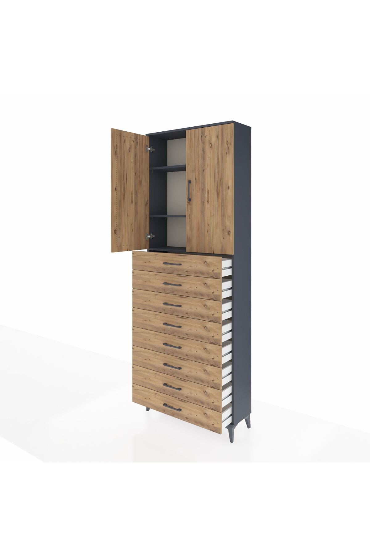 Arges Dolap 3 Raflı 8 Çekmeceli 2 Kapaklı 88x30x243 Antrasit-Çam