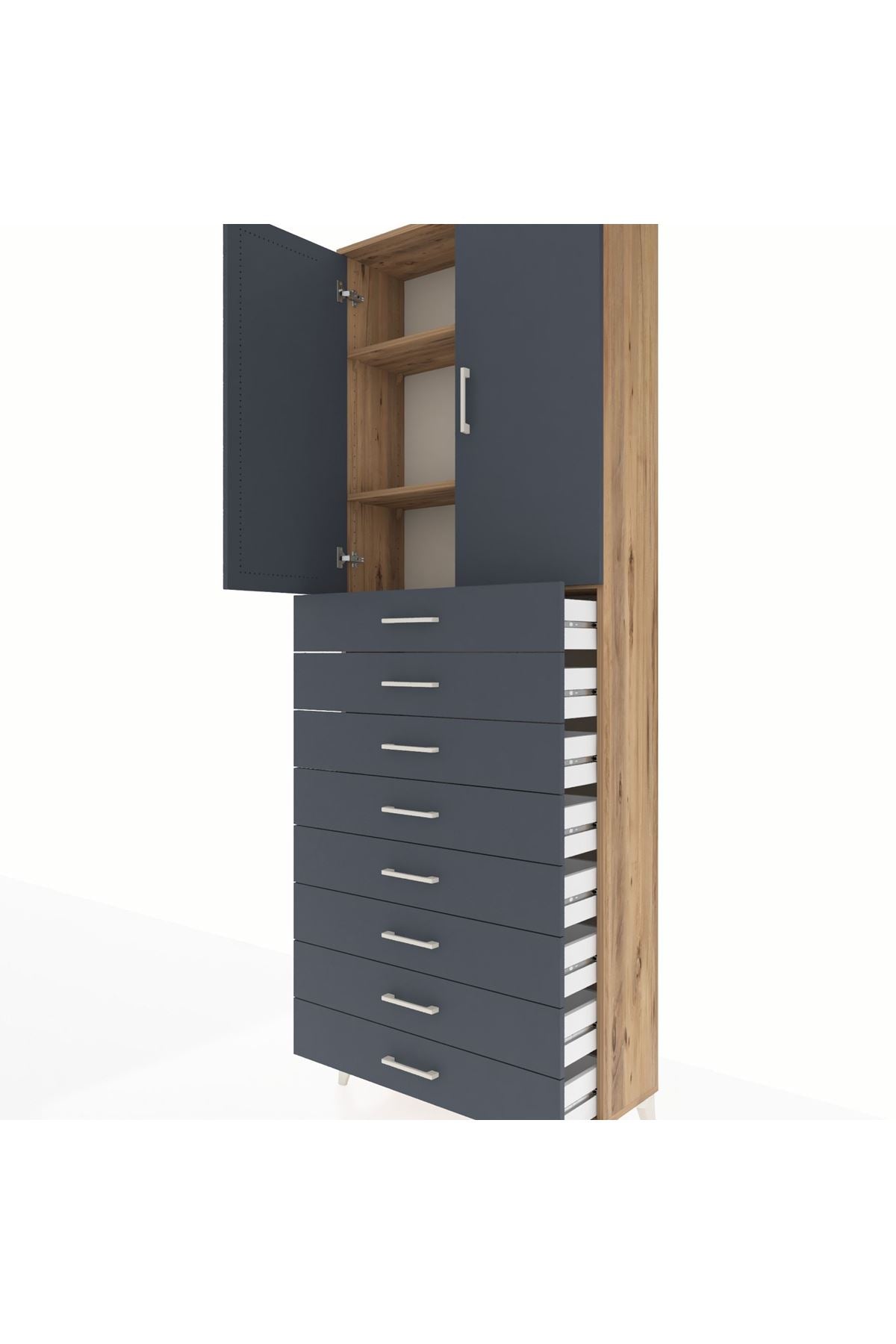 Arges Dolap 3 Raflı 8 Çekmeceli 2 Kapaklı 88x30x243 Çam-Antrasit