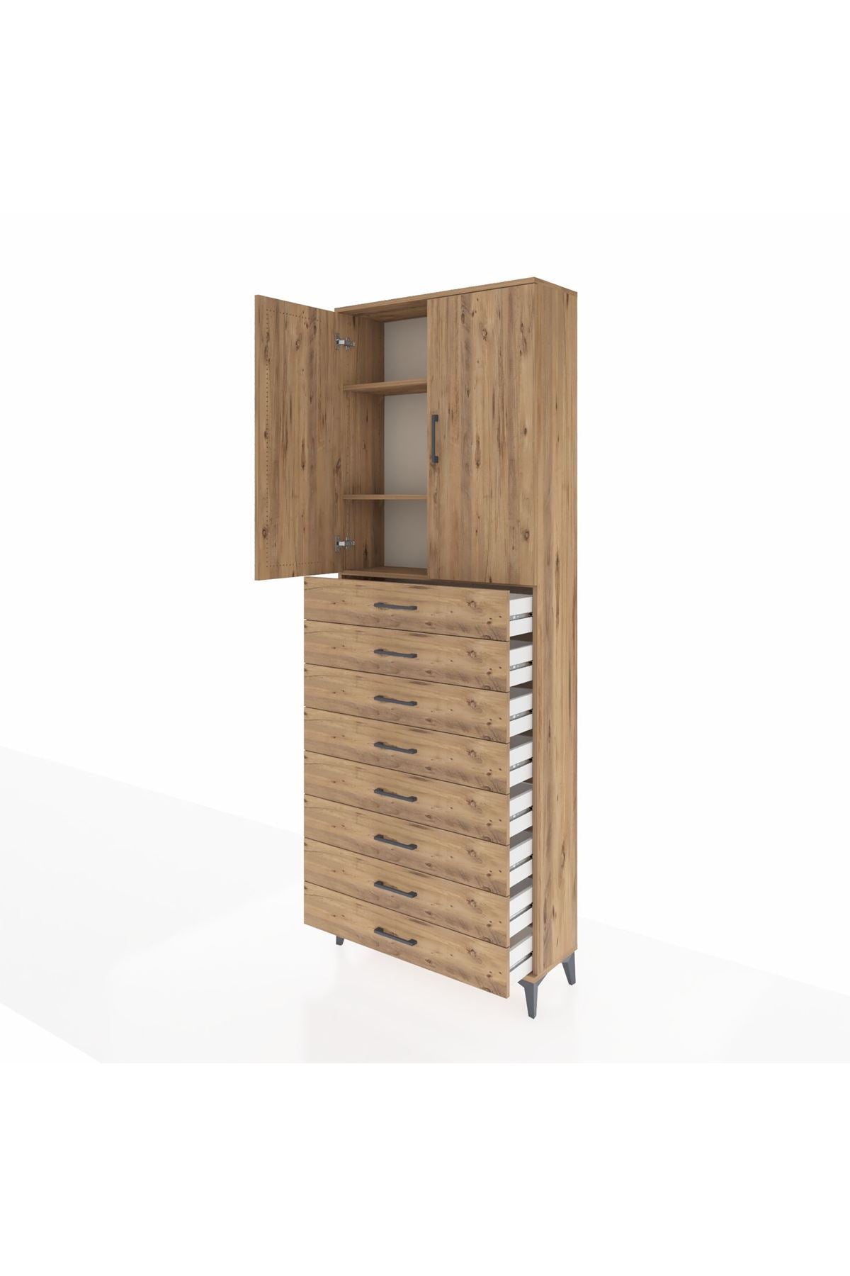 Arges Dolap 3 Raflı 8 Çekmeceli 2 Kapaklı 88x30x243 Çam-Çam