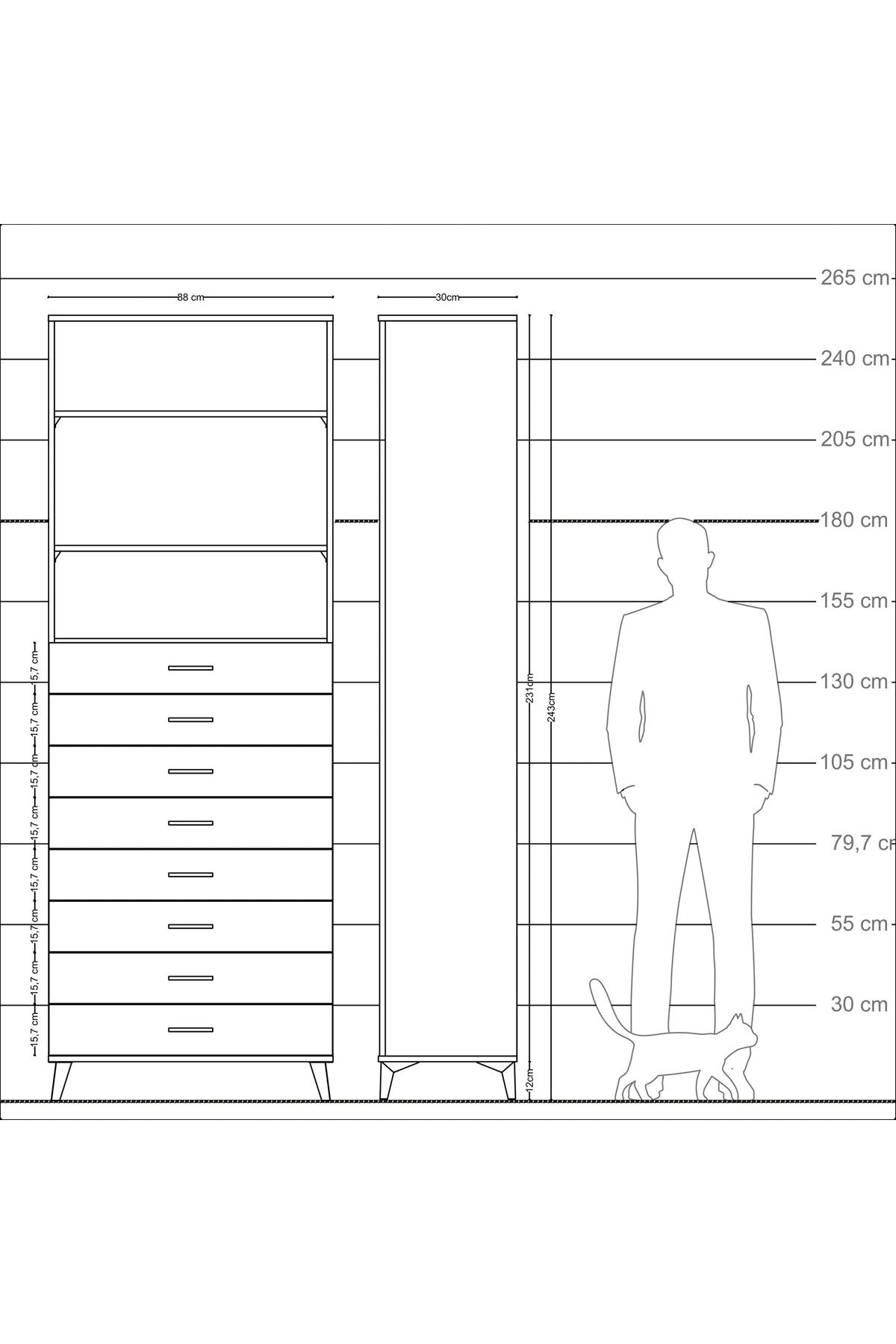 Arges Dolap 3 Raflı 8 Çekmeceli 88x30x243 Antrasit-Antrasit