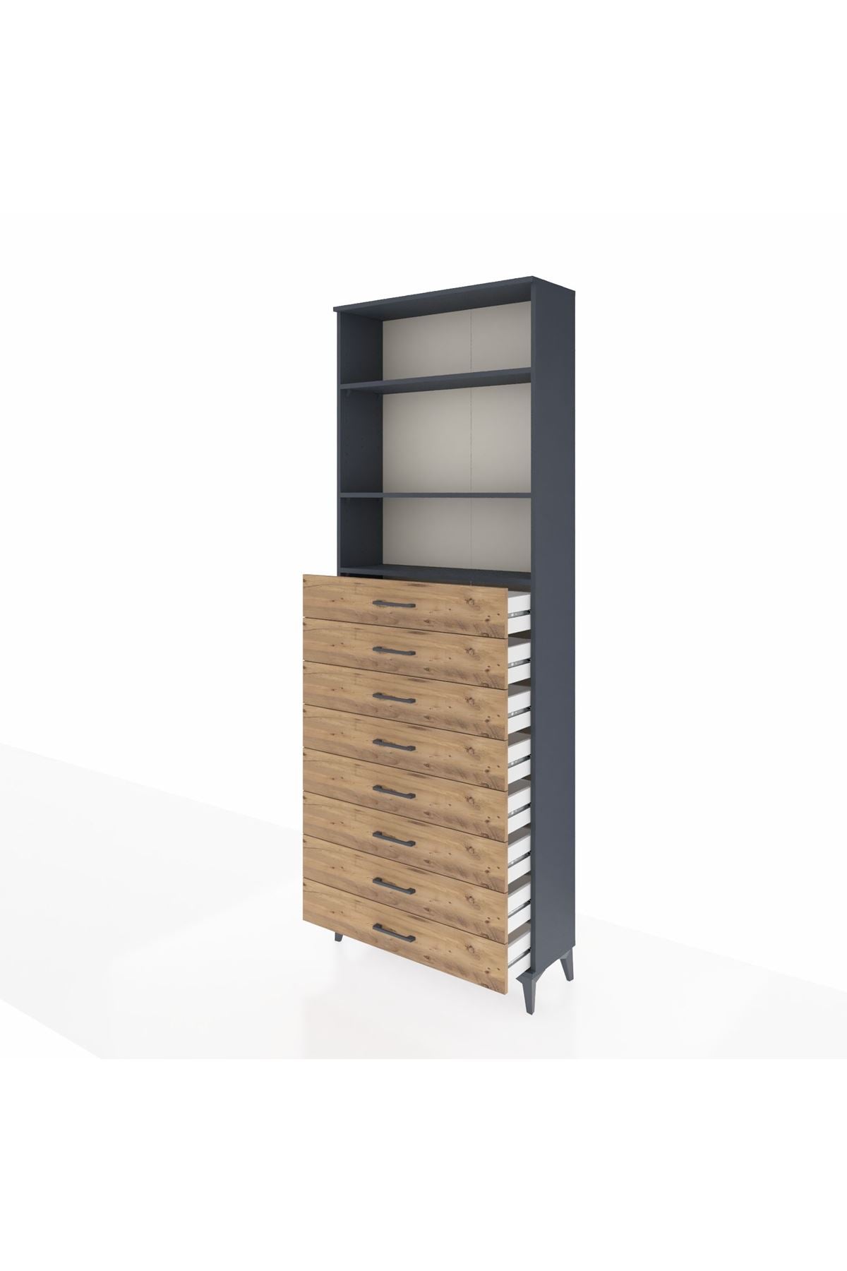 Arges Dolap 3 Raflı 8 Çekmeceli 88x30x243 Antrasit-Çam