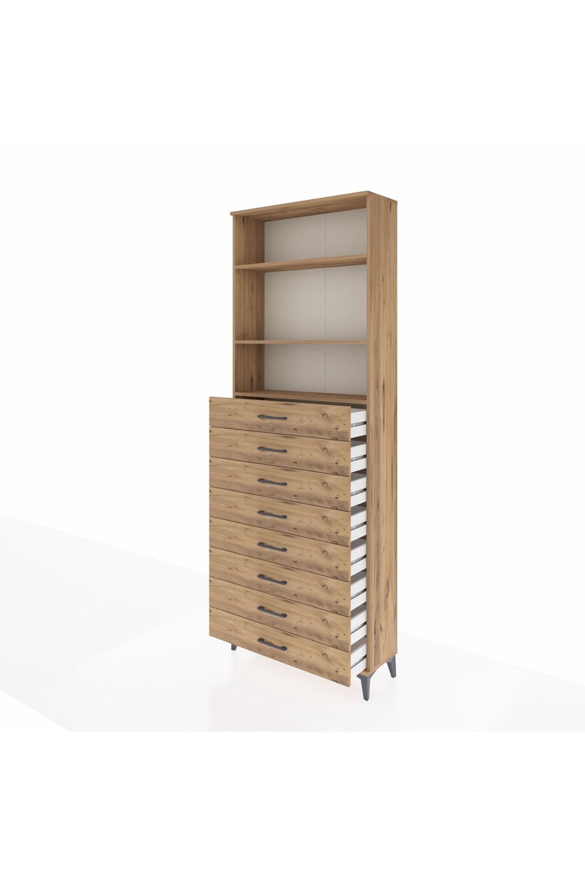 Arges Dolap 3 Raflı 8 Çekmeceli 88x30x243 Çam-Çam