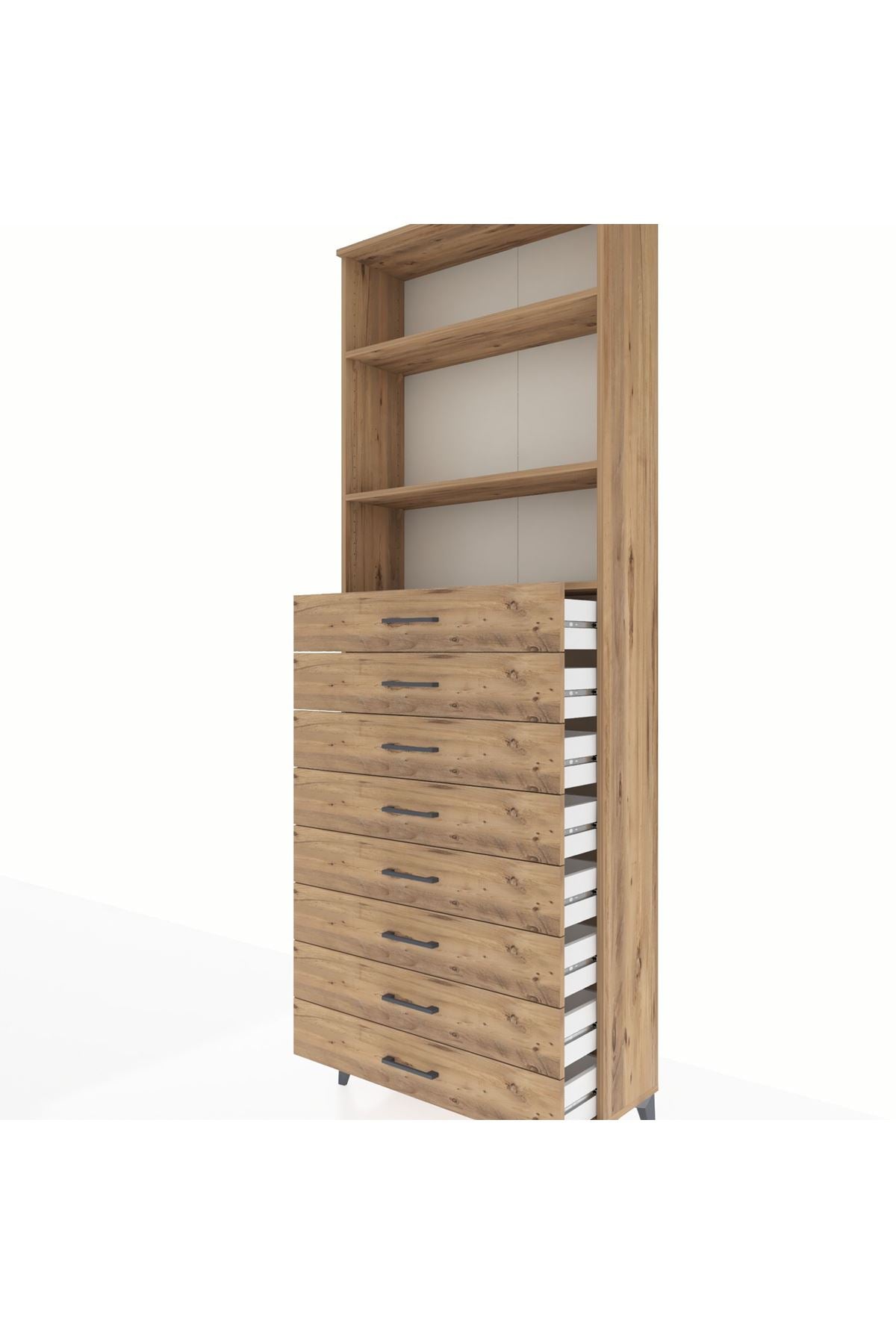 Arges Dolap 3 Raflı 8 Çekmeceli 88x30x243 Çam-Çam