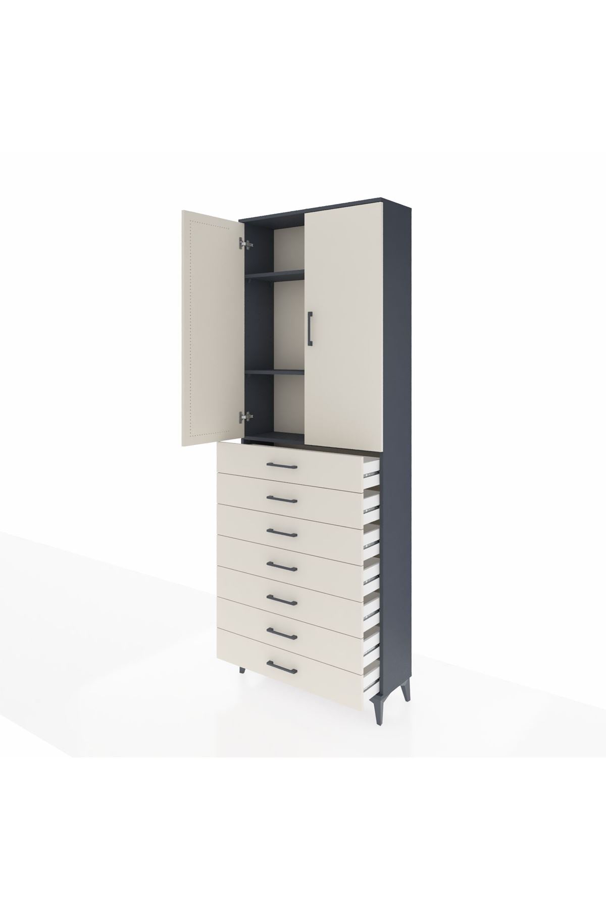 Arges Dolap 3 Raflı 7 Çekmeceli 2 Kapaklı 88x30x243 Antrasit-Aytaşı