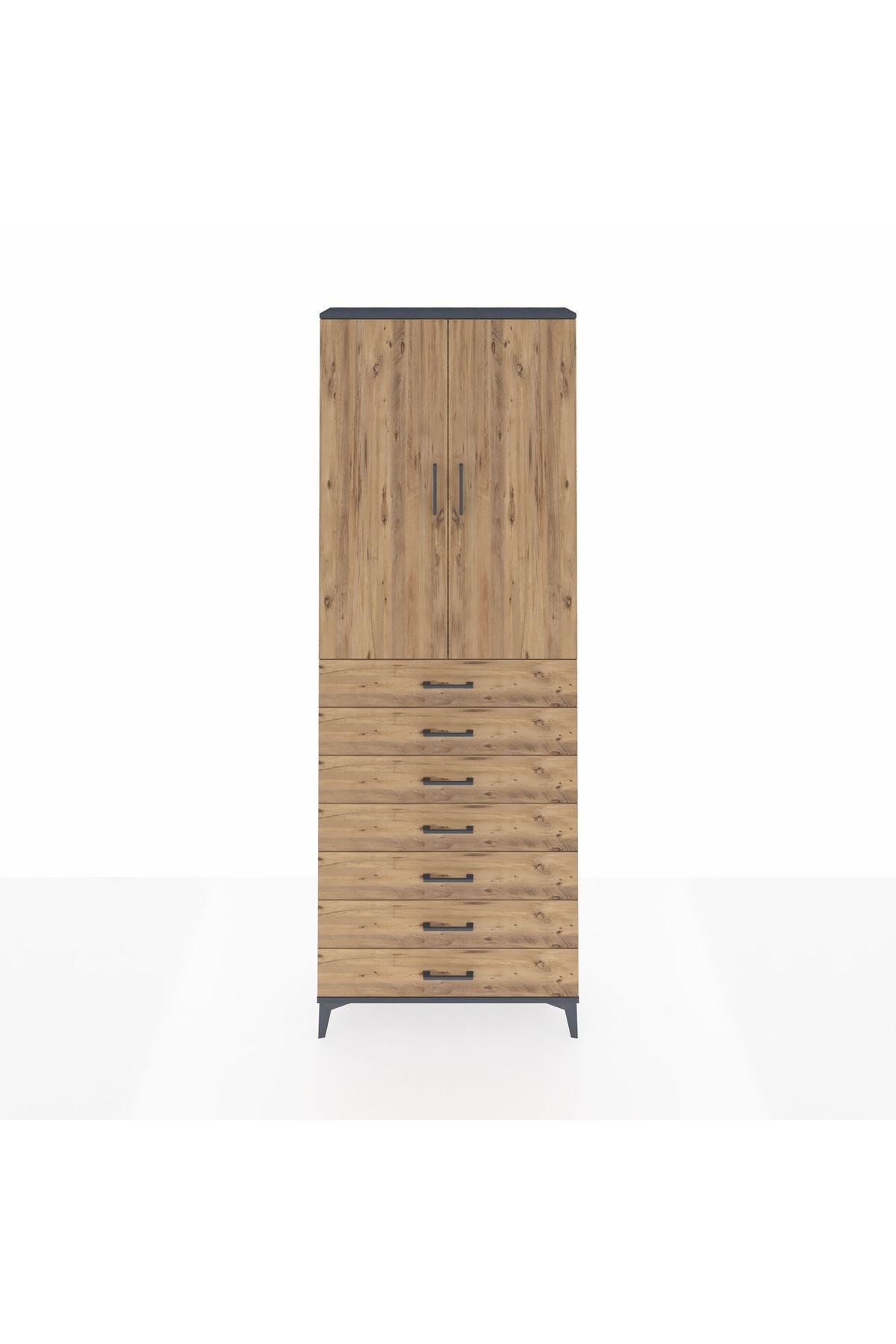 Arges Dolap 3 Raflı 7 Çekmeceli 2 Kapaklı 88x30x243 Antrasit-Çam