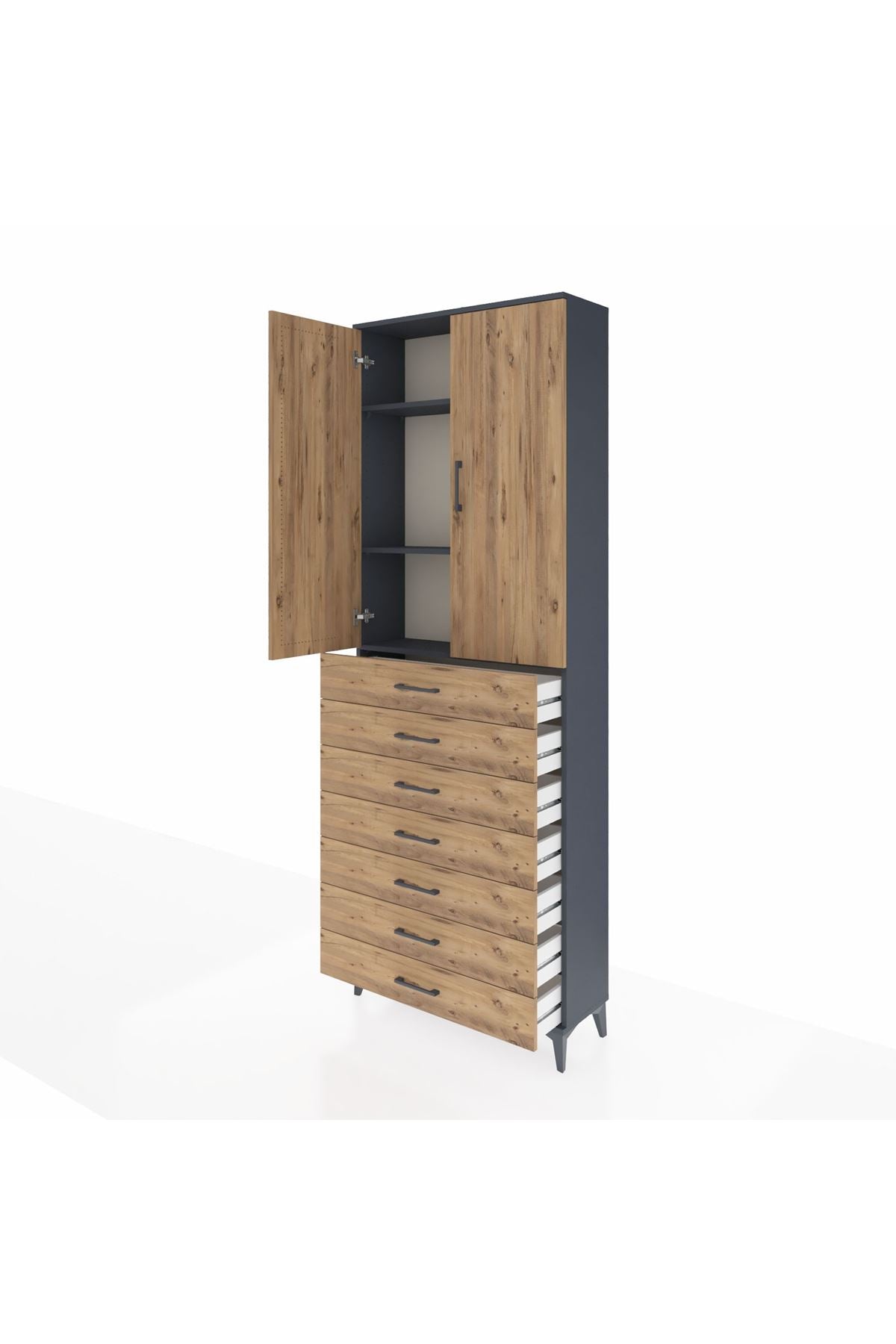 Arges Dolap 3 Raflı 7 Çekmeceli 2 Kapaklı 88x30x243 Antrasit-Çam