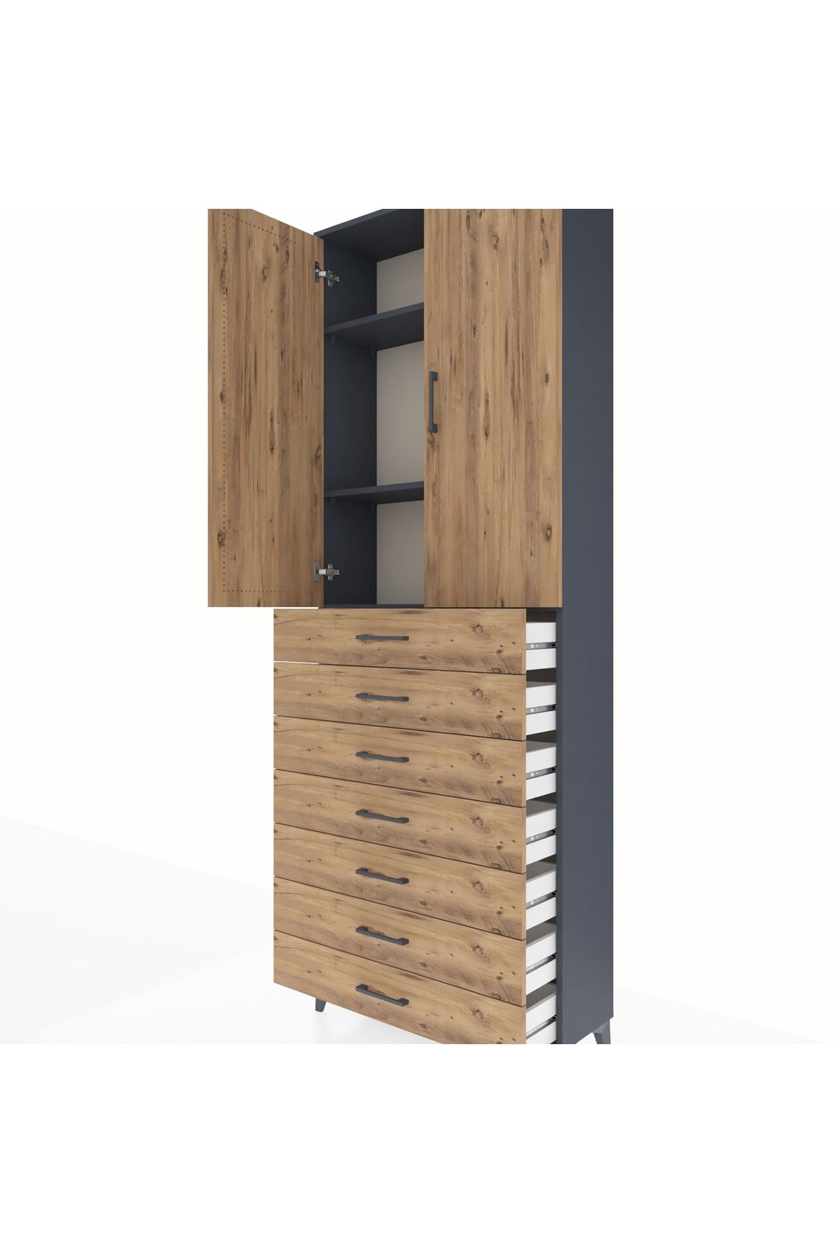 Arges Dolap 3 Raflı 7 Çekmeceli 2 Kapaklı 88x30x243 Antrasit-Çam