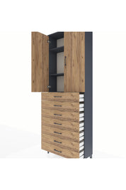 Arges Dolap 3 Raflı 7 Çekmeceli 2 Kapaklı 88x30x243 Antrasit-Çam