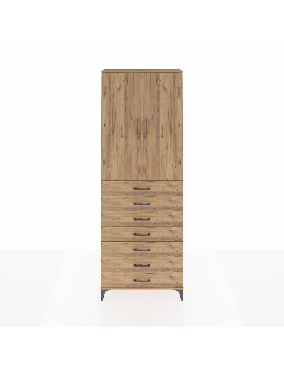 Arges Dolap 3 Raflı 7 Çekmeceli 2 Kapaklı 88x30x243 Çam-Çam