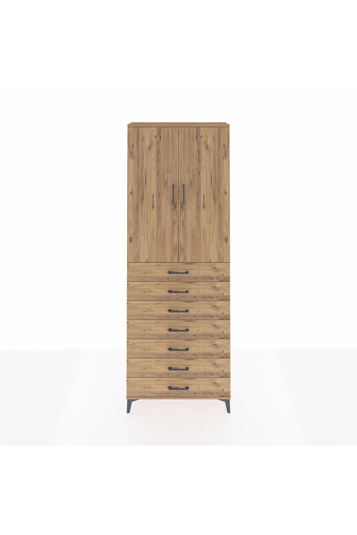 Arges Dolap 3 Raflı 7 Çekmeceli 2 Kapaklı 88x30x243 Çam-Çam