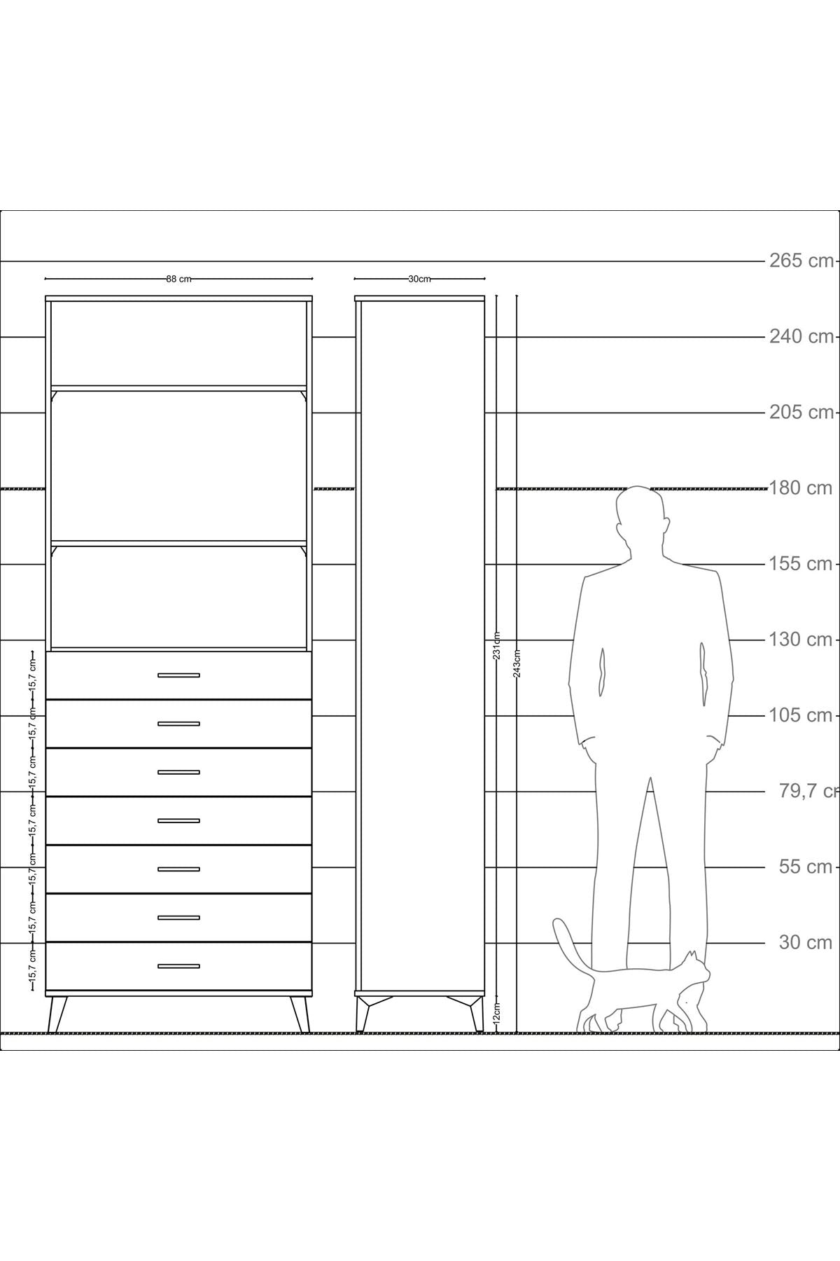 Arges Dolap 3 Raflı 7 Çekmeceli 88x30x243 Çam-Antrasit