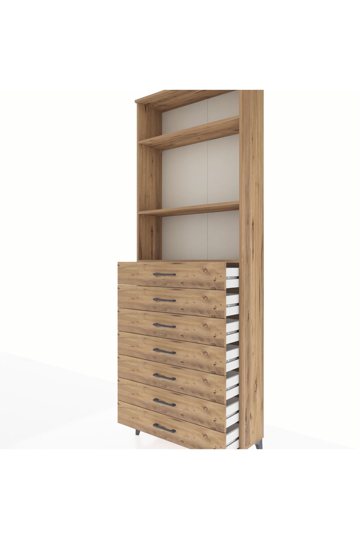 Arges Dolap 3 Raflı 7 Çekmeceli 88x30x243 Çam-Çam