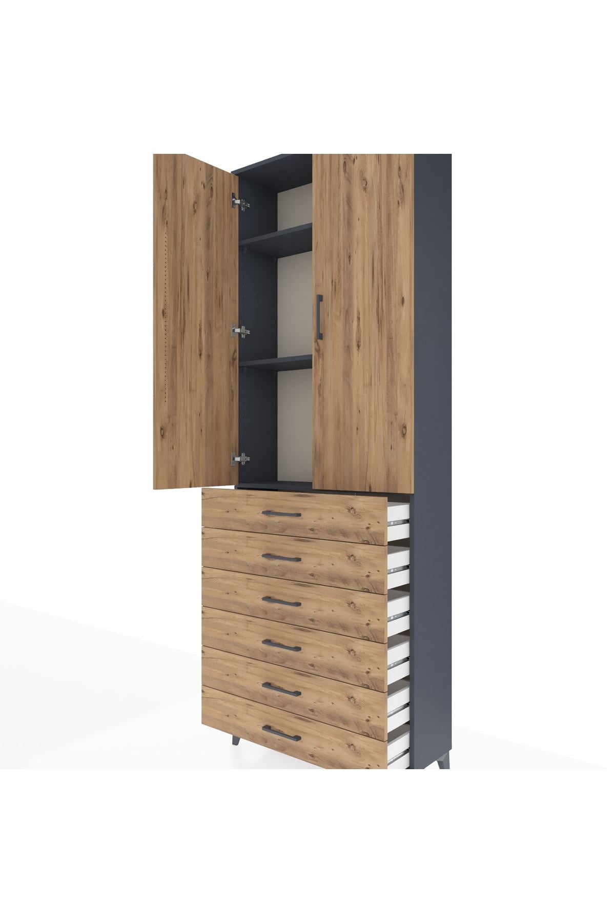 Arges Dolap 3 Raflı 6 Çekmeceli 2 Kapaklı 88x30x243 Antrasit-Çam