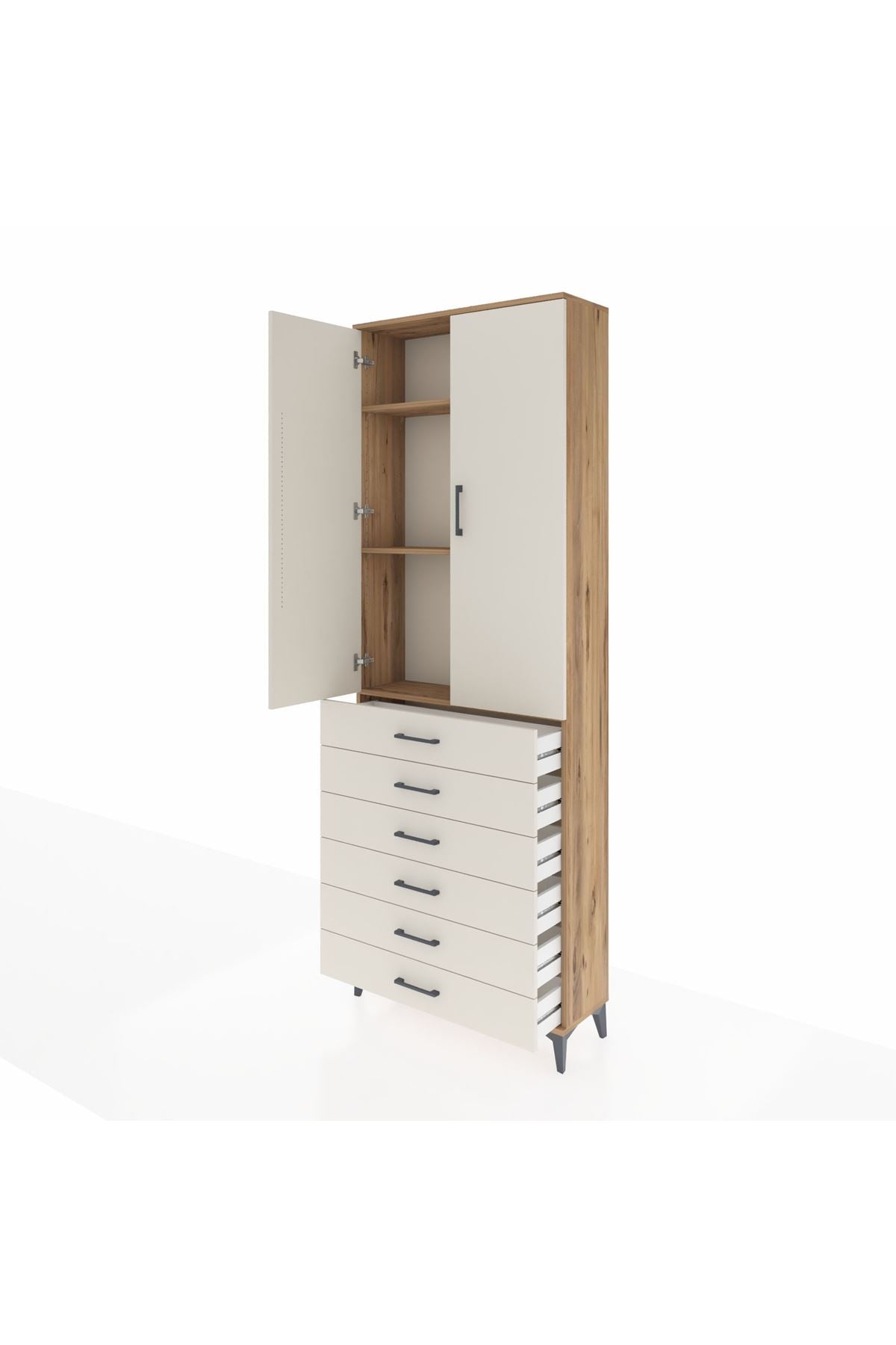 Arges Dolap 3 Raflı 6 Çekmeceli 2 Kapaklı 88x30x243 Çam-Aytaşı