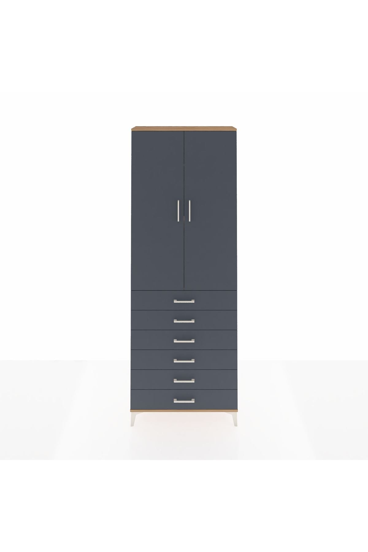 Arges Dolap 3 Raflı 6 Çekmeceli 2 Kapaklı 88x30x243 Çam-Antrasit