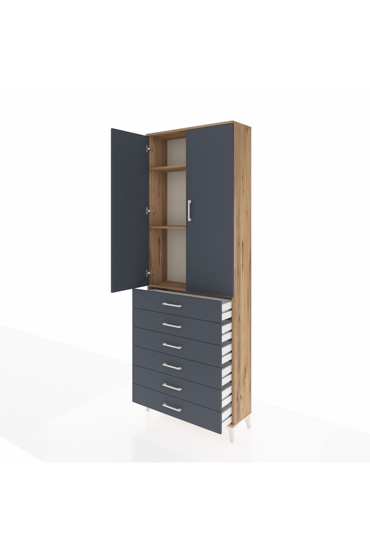 Arges Dolap 3 Raflı 6 Çekmeceli 2 Kapaklı 88x30x243 Çam-Antrasit