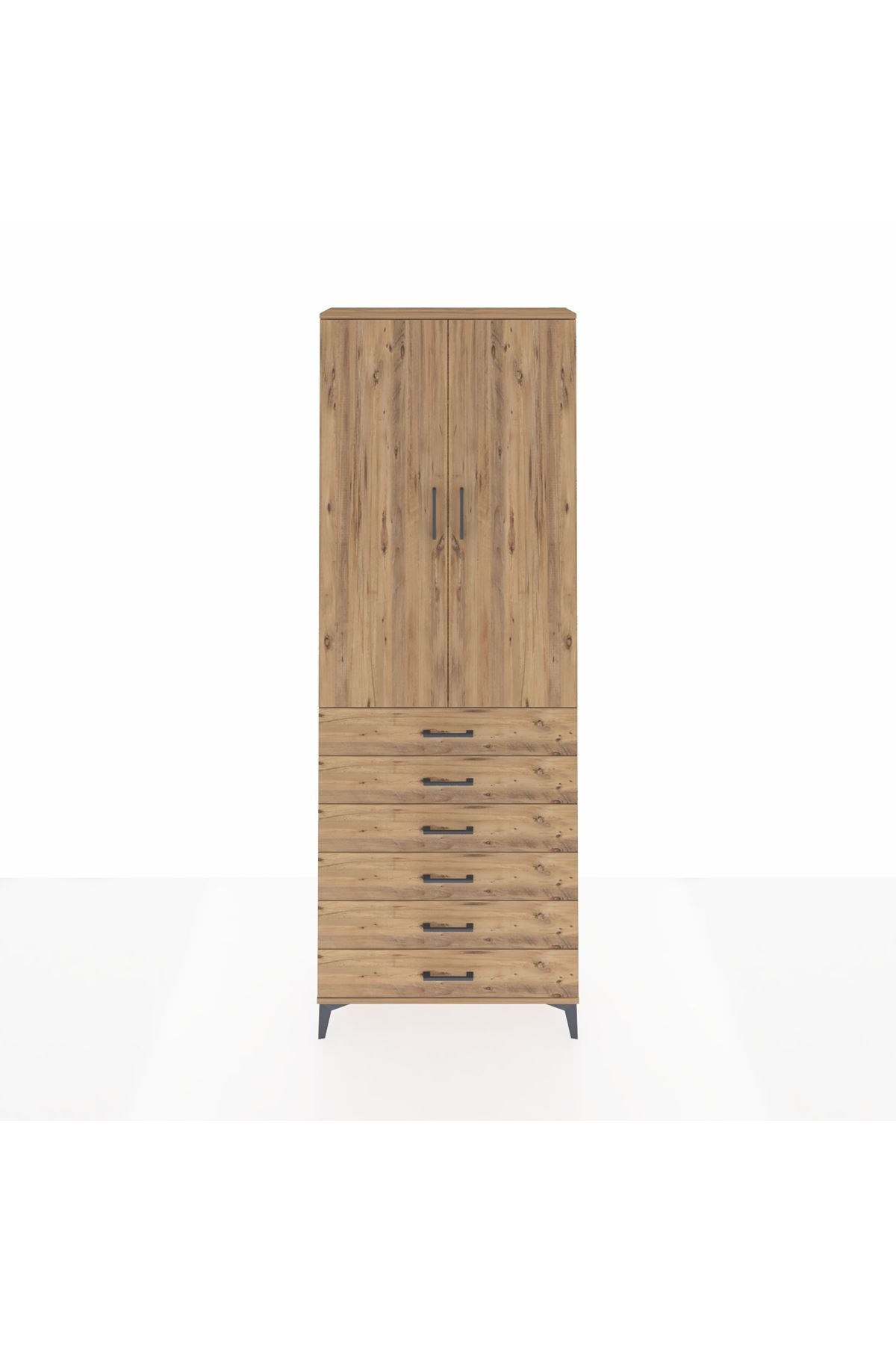 Arges Dolap 3 Raflı 6 Çekmeceli 2 Kapaklı 88x30x243 Çam-Çam