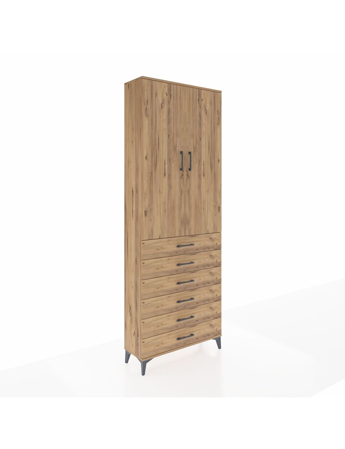 Arges Dolap 3 Raflı 6 Çekmeceli 2 Kapaklı 88x30x243 Çam-Çam