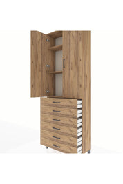 Arges Dolap 3 Raflı 6 Çekmeceli 2 Kapaklı 88x30x243 Çam-Çam